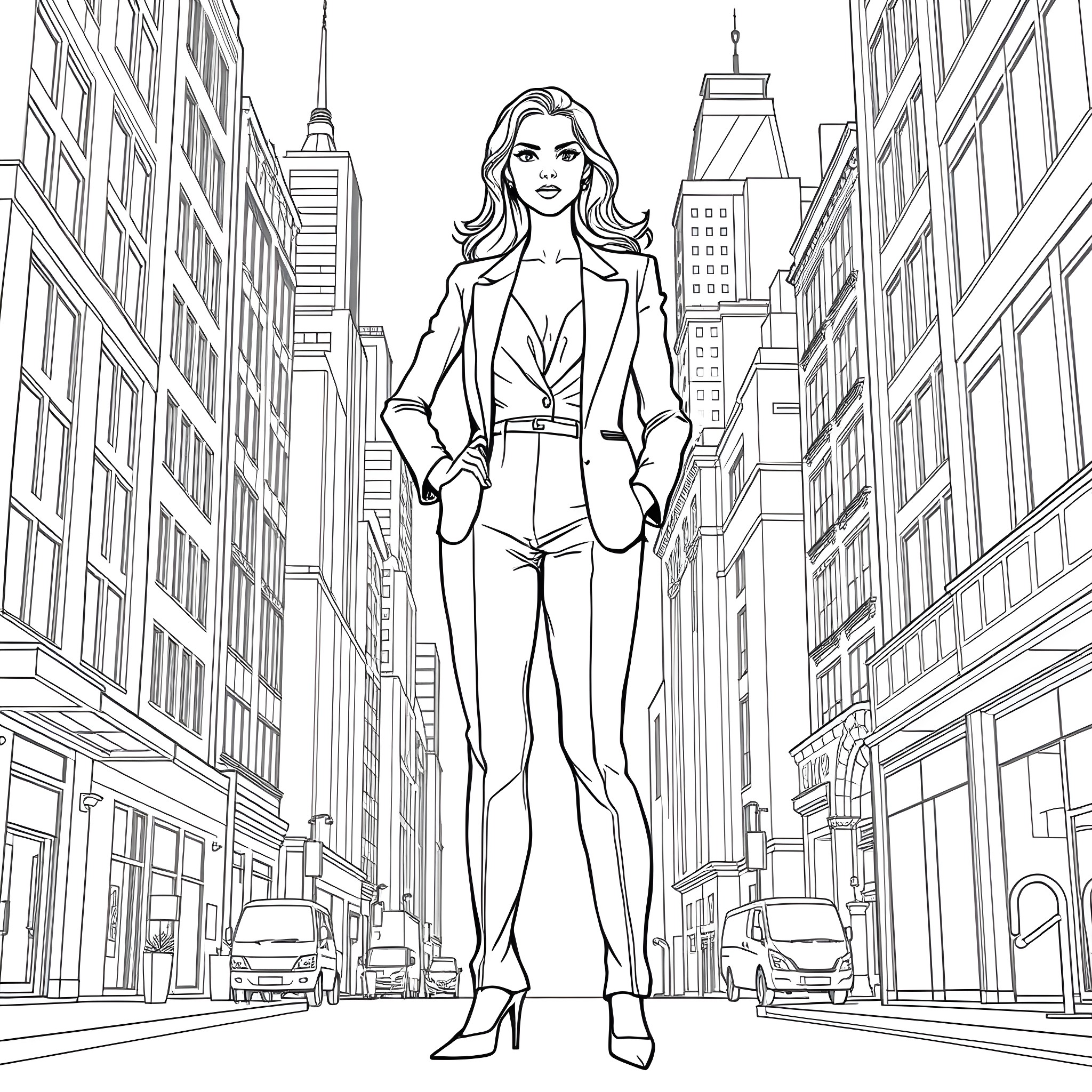 Woman confidently strolling through the city streets Coloring Page (free black-and-white line drawing printable PDF for all, from beginners to advanced learners, including children, teens, adults, and seniors)