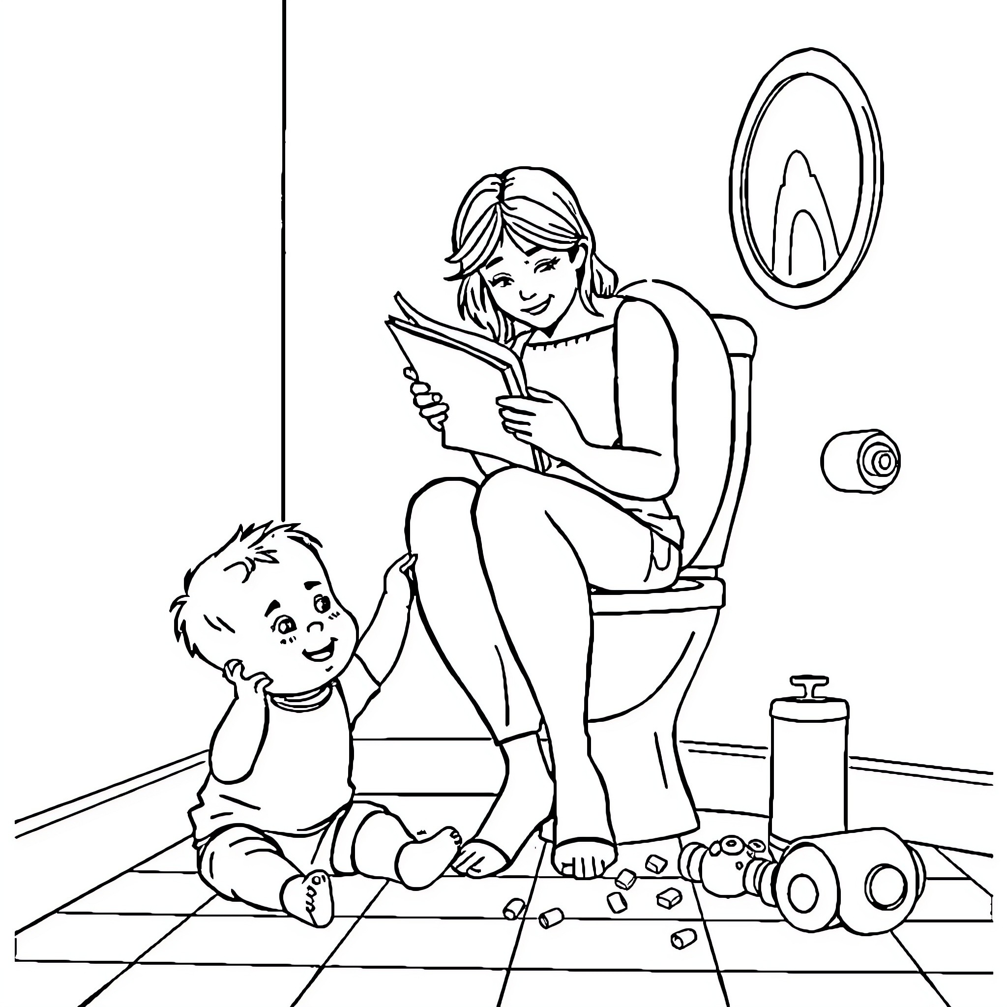 Mom reads with child on bathroom floor Coloring Page (free black-and-white line drawing printable PDF for all, from beginners to advanced learners, including children, teens, adults, and seniors)