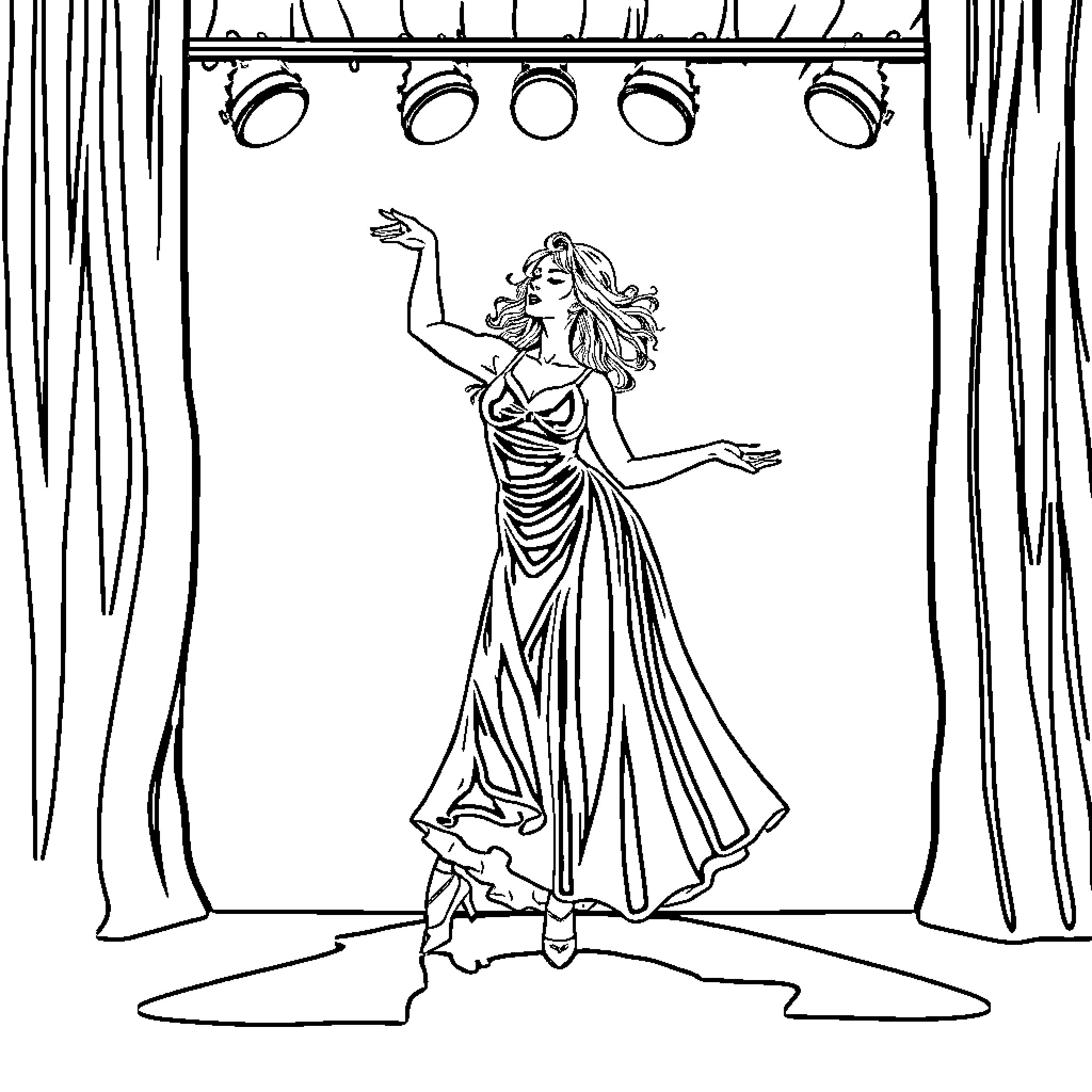 Woman performing on stage in elegant dress Coloring Page (free black-and-white line drawing printable PDF for all, from beginners to advanced learners, including children, teens, adults, and seniors)
