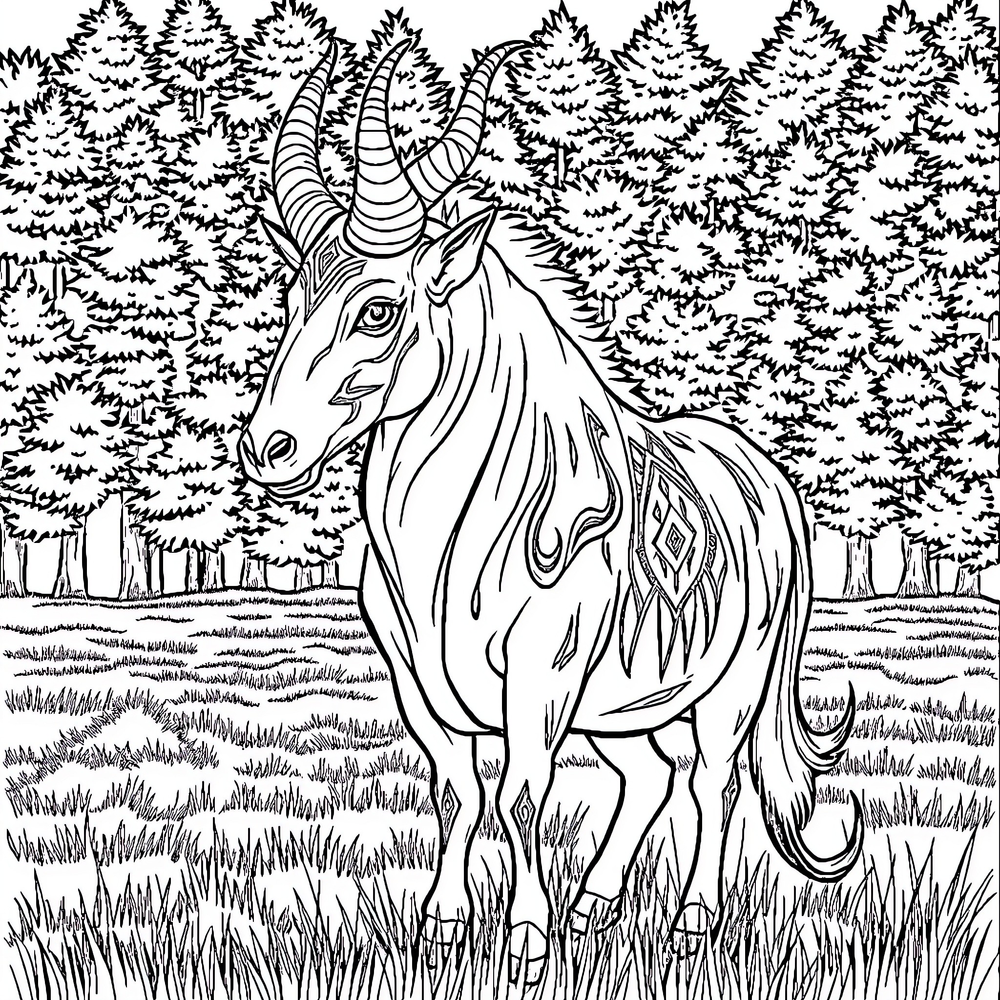 Einhorn in the Enchanted Forest Coloring Page (free black-and-white line drawing printable PDF for all, from beginners to advanced learners, including children, teens, adults, and seniors)