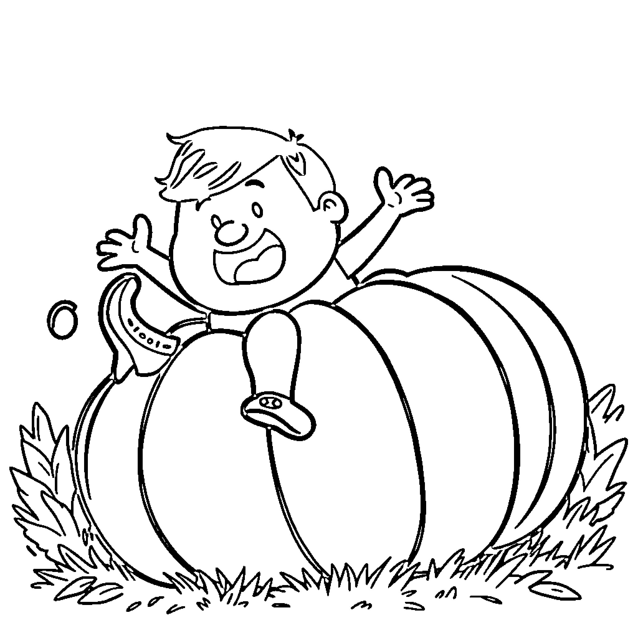 Bob playing inside a giant pumpkin Coloring Page (free black-and-white line drawing printable PDF for all, from beginners to advanced learners, including children, teens, adults, and seniors)