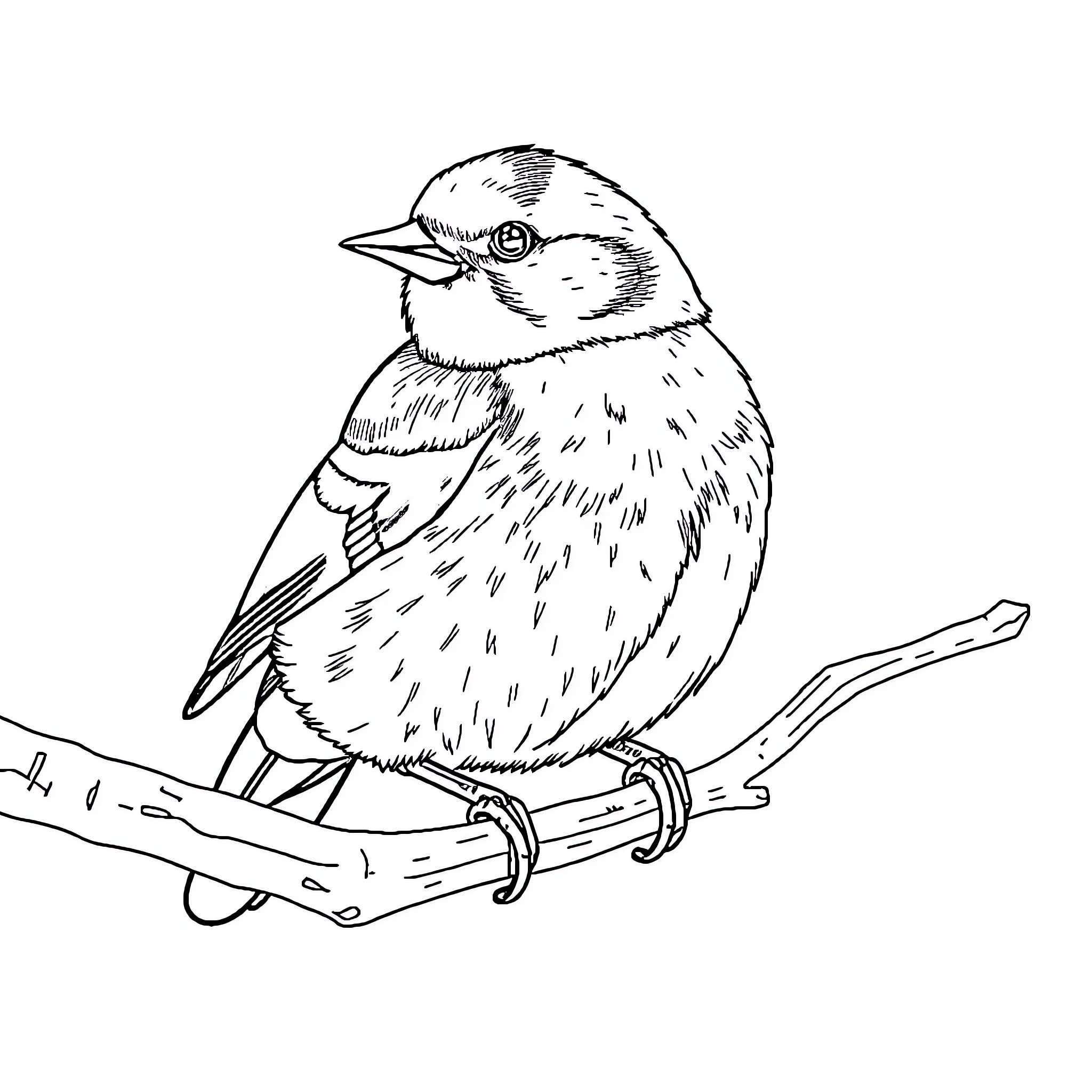 Goldfinch perched on a branch Coloring Page (free black-and-white line drawing printable PDF for all, from beginners to advanced learners, including children, teens, adults, and seniors)