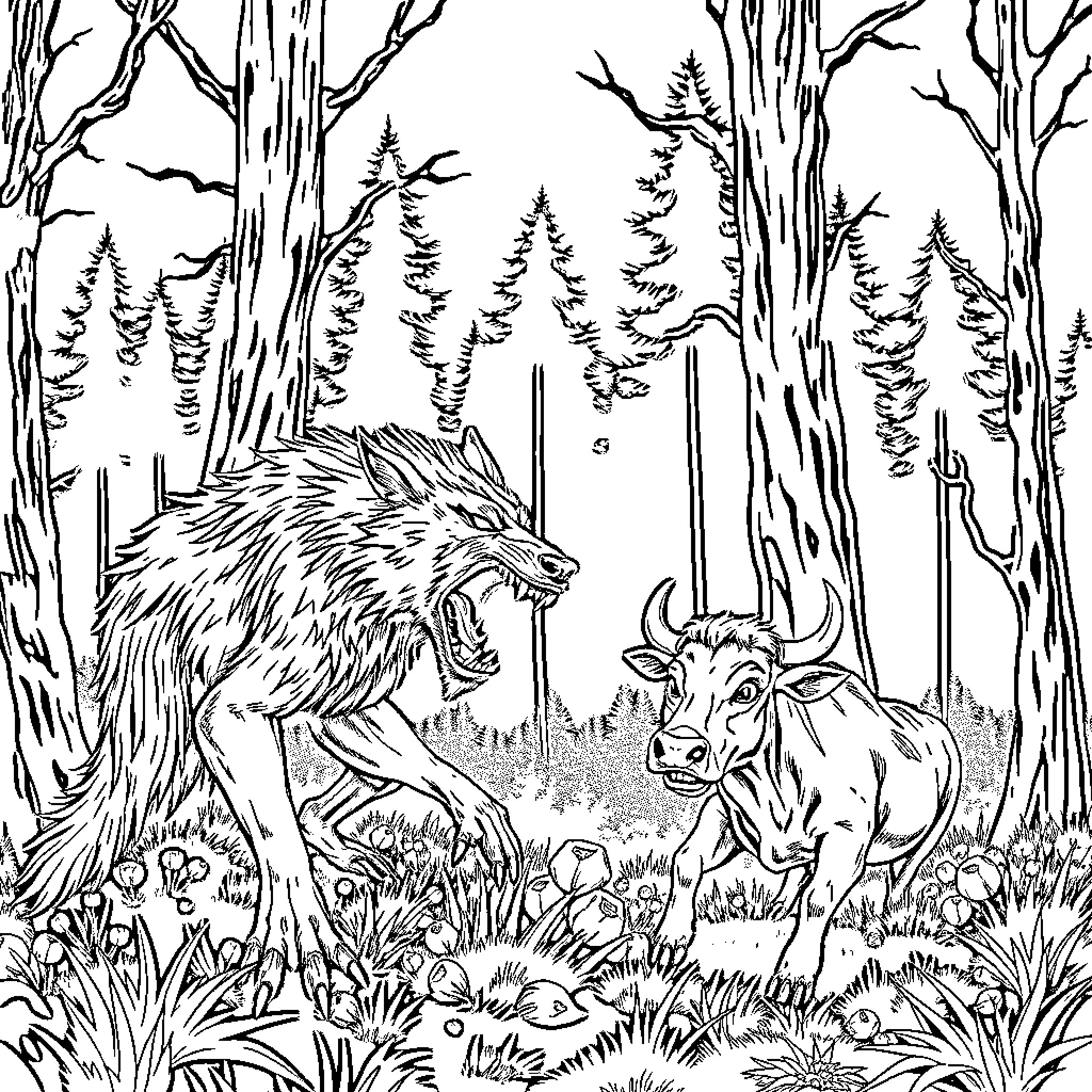 Direwolf roaring at wary cattle in enchanted forest Coloring Page (free black-and-white line drawing printable PDF for all, from beginners to advanced learners, including children, teens, adults, and seniors)