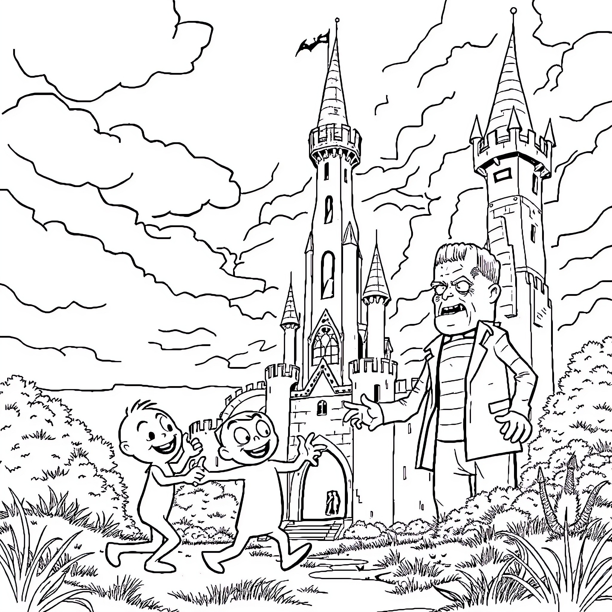 Gumby and friends explore a magical castle Coloring Page (free black-and-white line drawing printable PDF for all, from beginners to advanced learners, including children, teens, adults, and seniors)