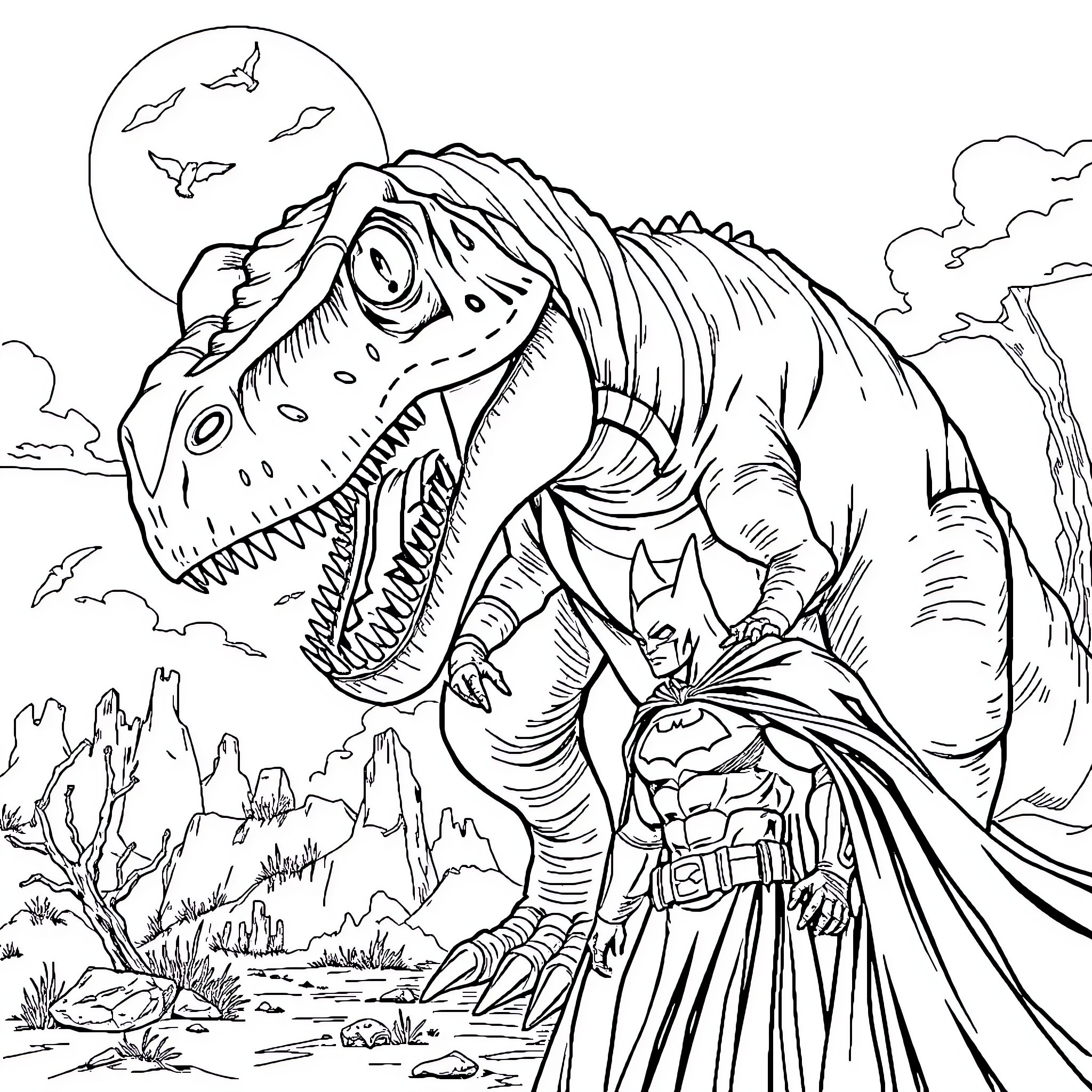 Dilophosaurus confronts a caped explorer in a desert landscape Coloring Page (free black-and-white line drawing printable PDF for all, from beginners to advanced learners, including children, teens, adults, and seniors)