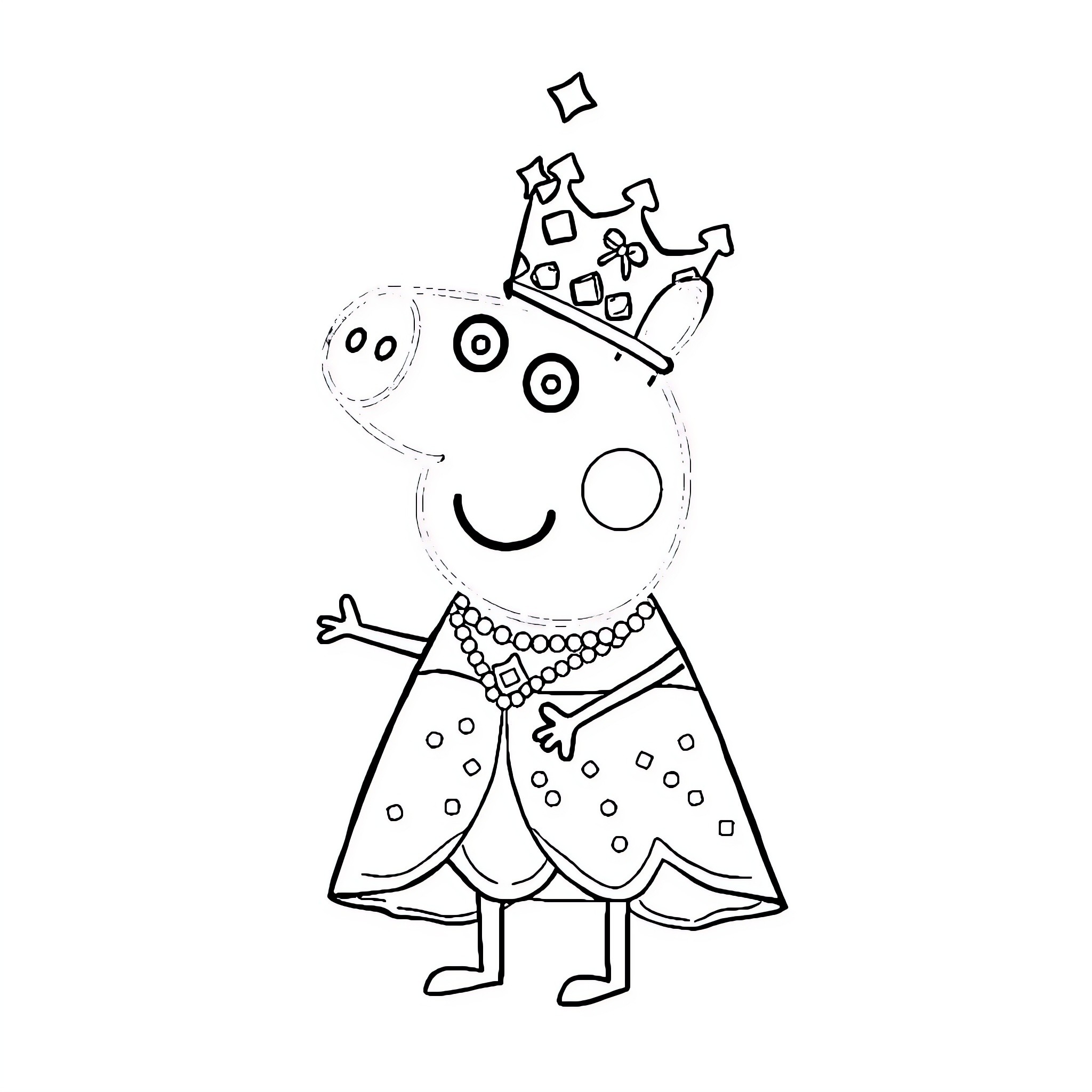 Peppa Pig dressed up as a princess Coloring Page (free black-and-white line drawing printable PDF for all, from beginners to advanced learners, including children, teens, adults, and seniors)