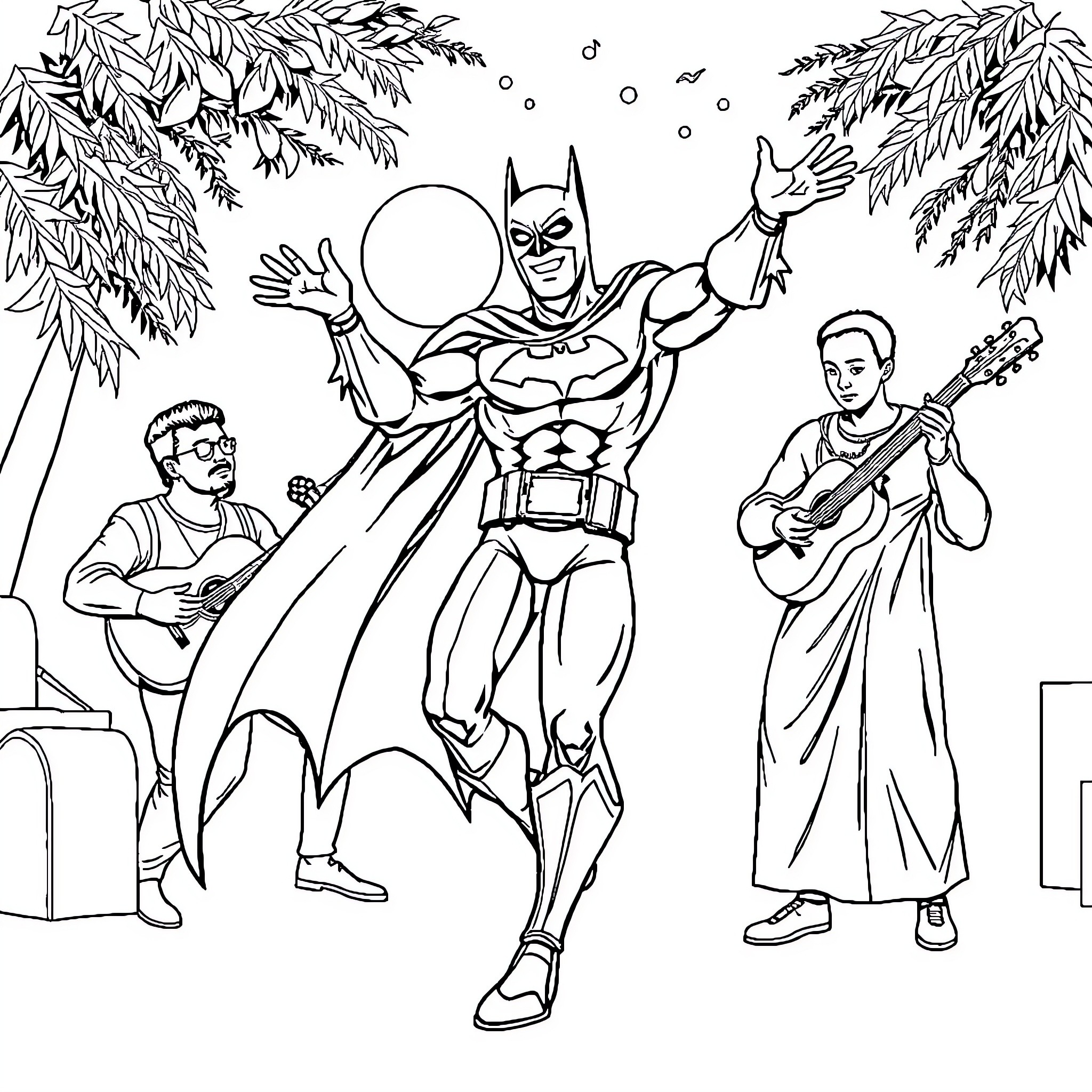 Batman's Superhero Adventure with Musical Accompaniment Coloring Page (free black-and-white line drawing printable PDF for all, from beginners to advanced learners, including children, teens, adults, and seniors)