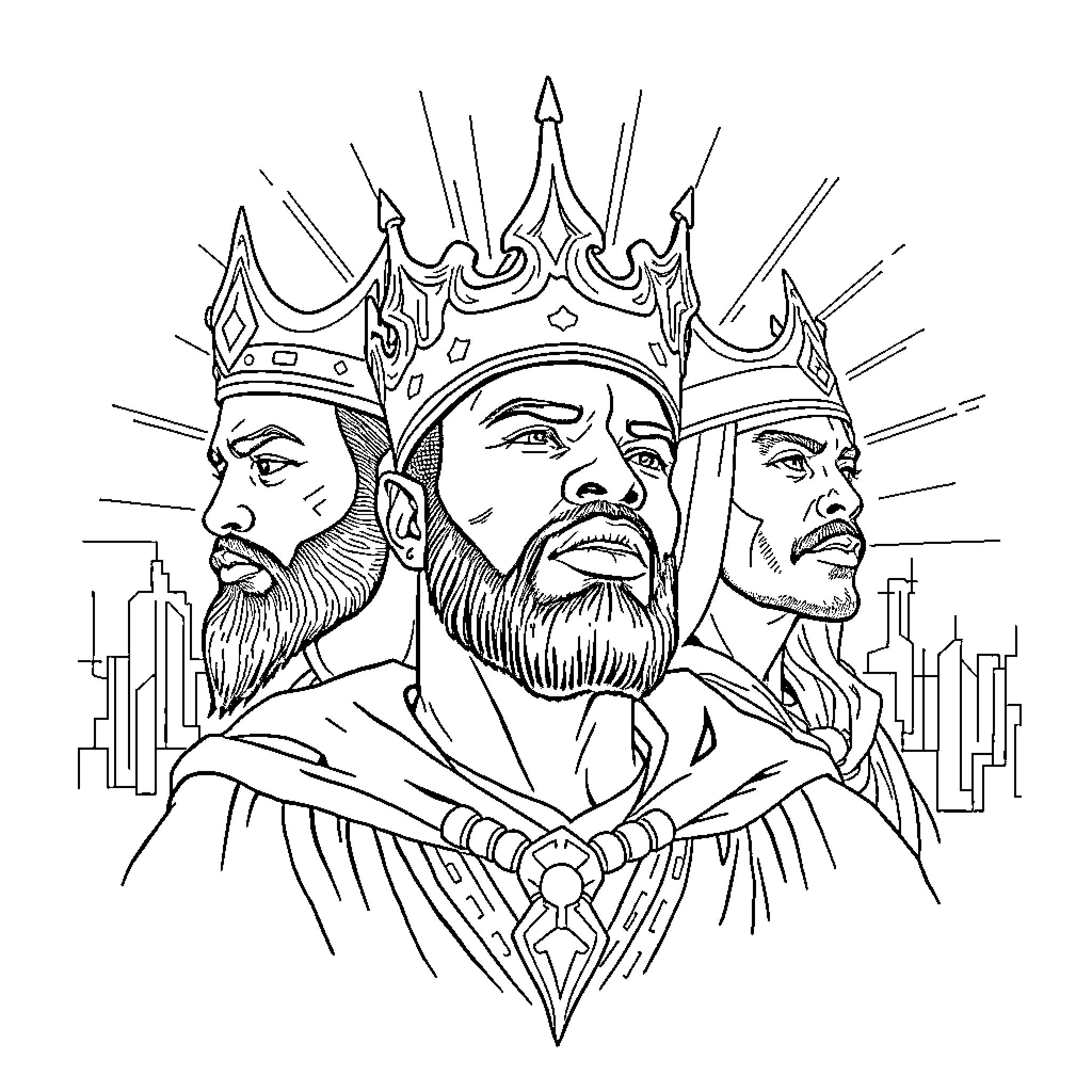 King's Crowns and Regal Expressions Coloring Page (free black-and-white line drawing printable PDF for all, from beginners to advanced learners, including children, teens, adults, and seniors)