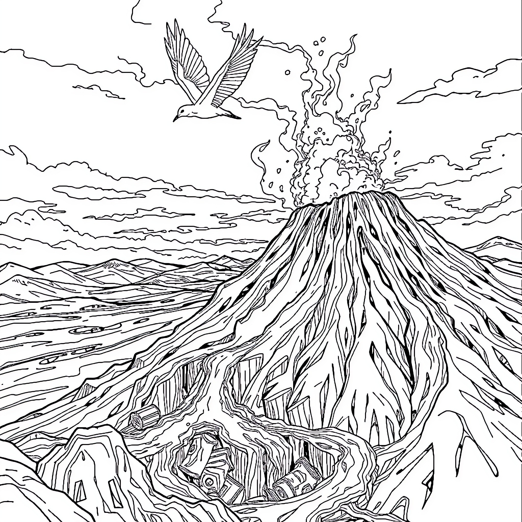 Glurak's Majestic Volcanic Eruption Coloring Page (free black-and-white line drawing printable PDF for all, from beginners to advanced learners, including children, teens, adults, and seniors)