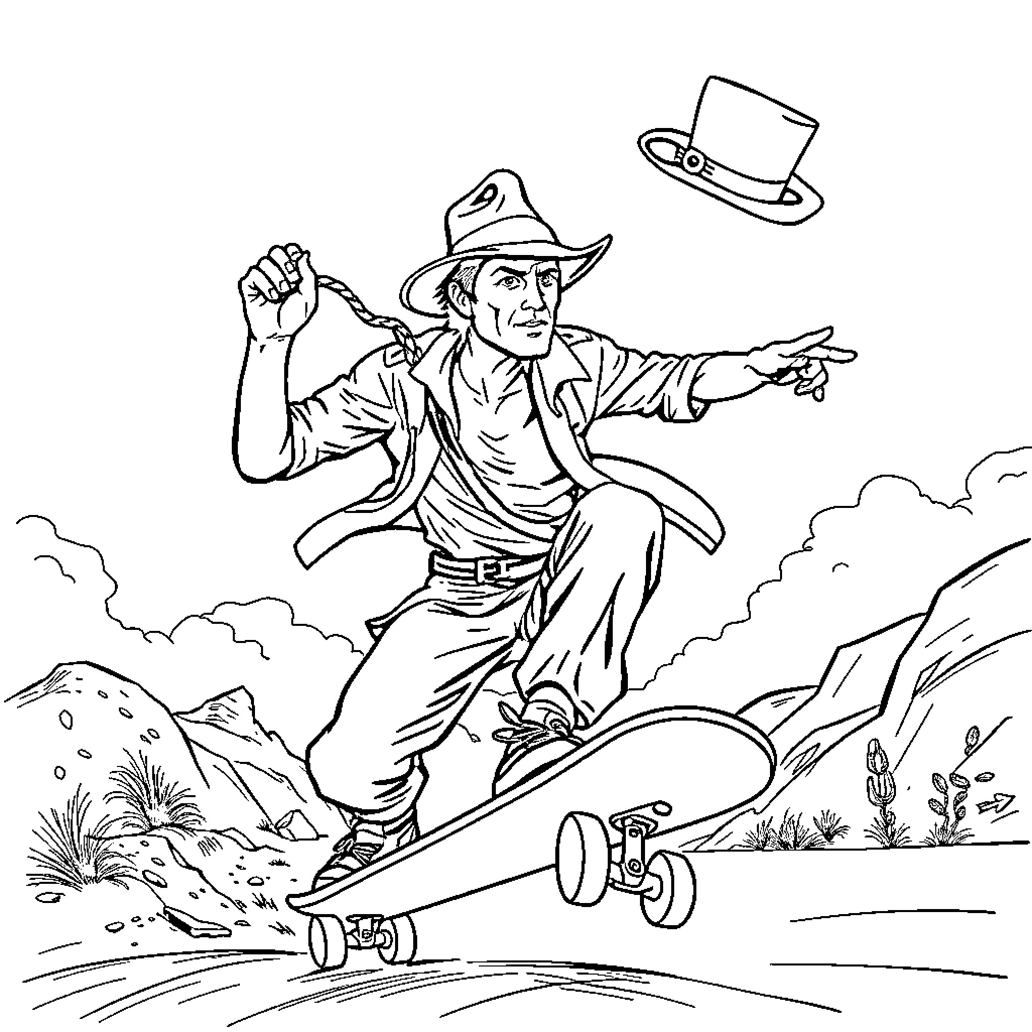 Indiana Jones adventures on a skateboard Coloring Page (free black-and-white line drawing printable PDF for all, from beginners to advanced learners, including children, teens, adults, and seniors)