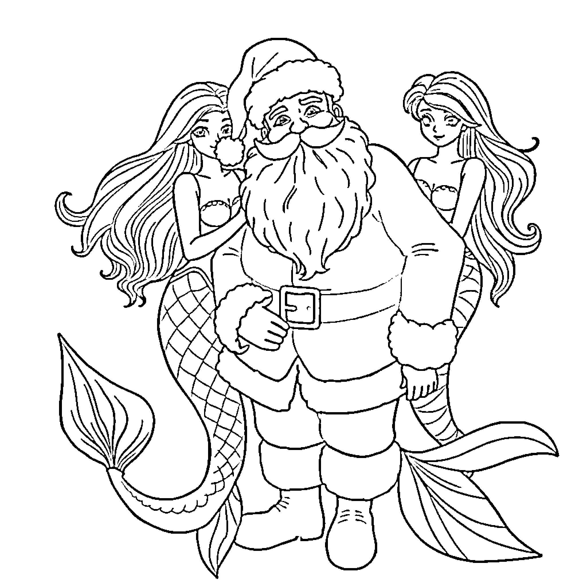 Santa with Mermaids in a Whimsical Scene Coloring Page (free black-and-white line drawing printable PDF for all, from beginners to advanced learners, including children, teens, adults, and seniors)