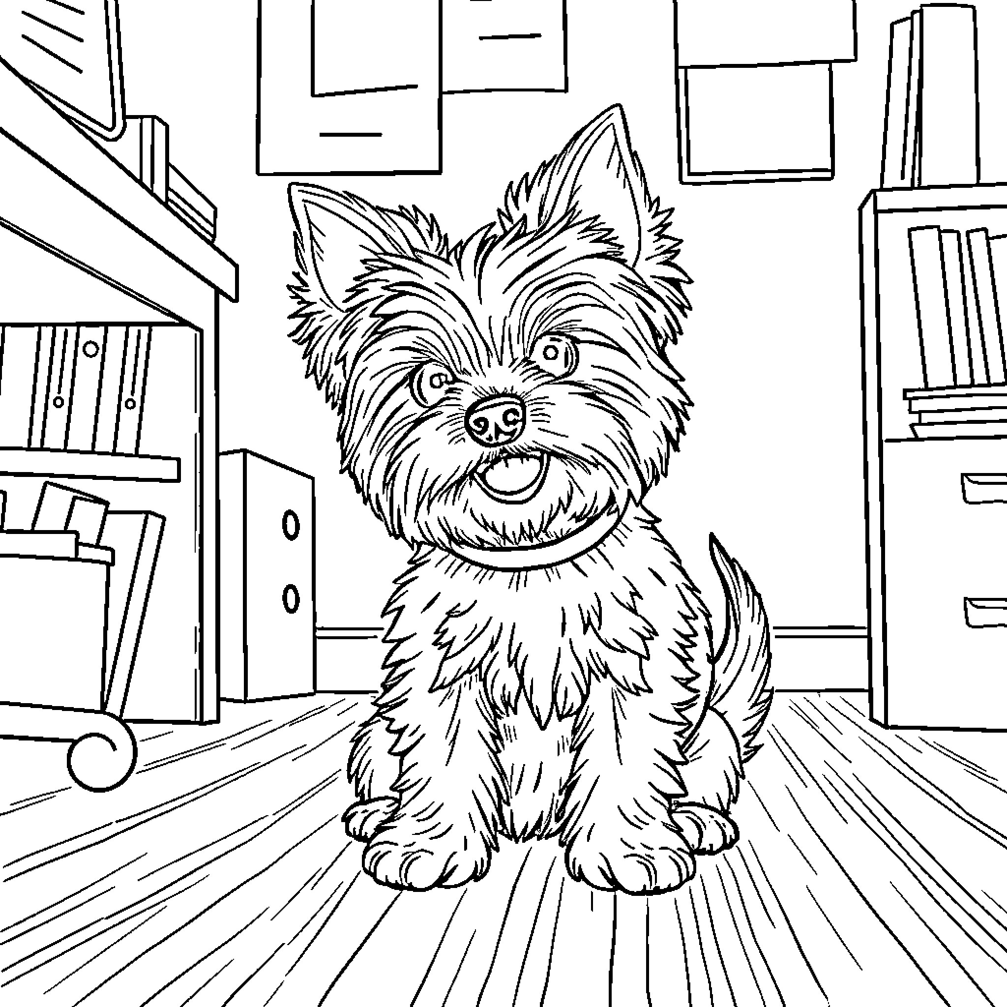 Yorkie sitting happily in room Coloring Page (free black-and-white line drawing printable PDF for all, from beginners to advanced learners, including children, teens, adults, and seniors)