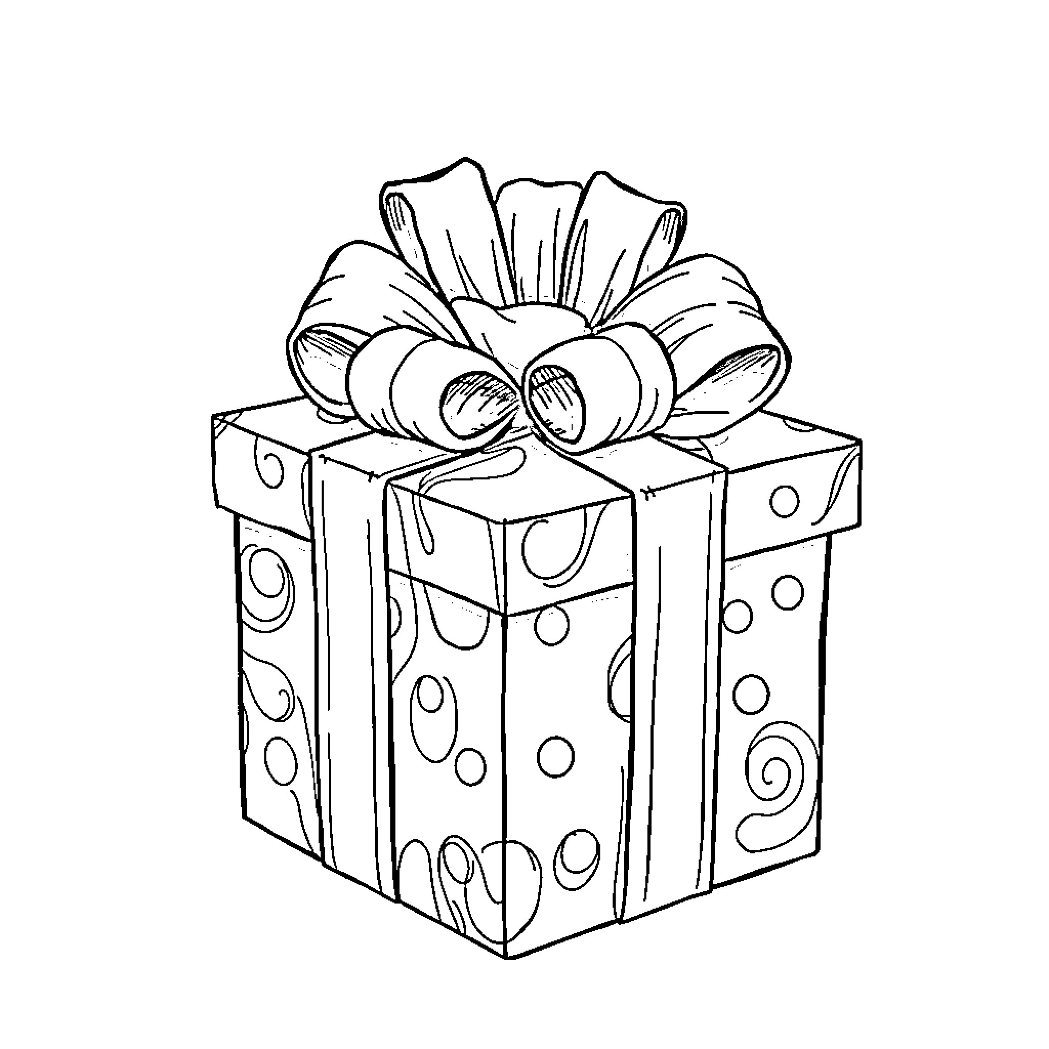 Christmas Gift with Polka Dots and Ribbon Bow Coloring Page (free black-and-white line drawing printable PDF for all, from beginners to advanced learners, including children, teens, adults, and seniors)