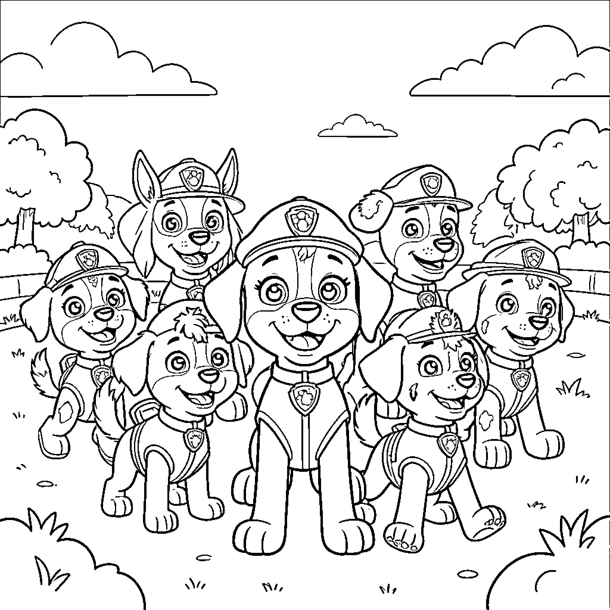 Paw Patrol group portrait in outdoor scene Coloring Page (free black-and-white line drawing printable PDF for all, from beginners to advanced learners, including children, teens, adults, and seniors)