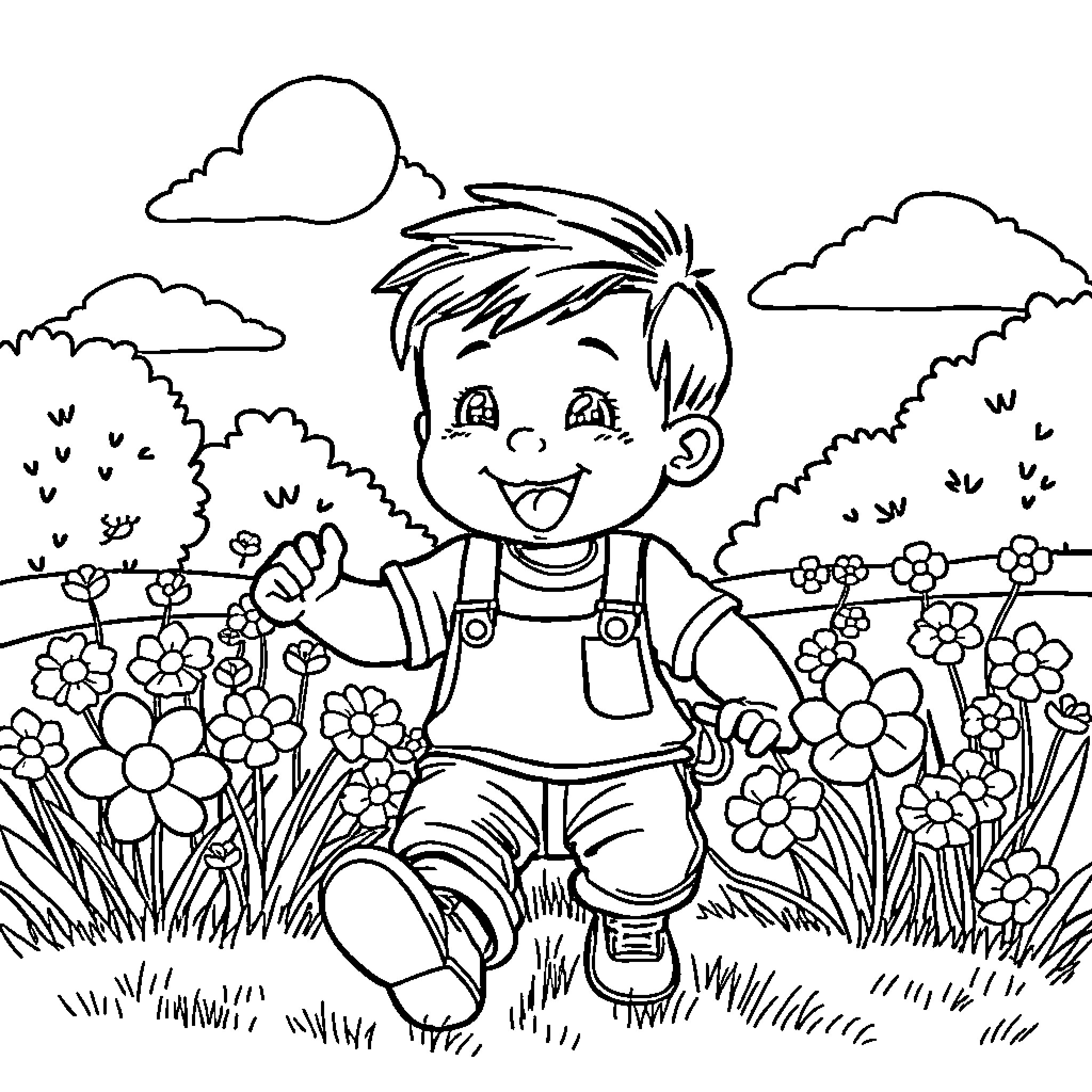 Toddler exploring lush garden with excitement Coloring Page (free black-and-white line drawing printable PDF for all, from beginners to advanced learners, including children, teens, adults, and seniors)