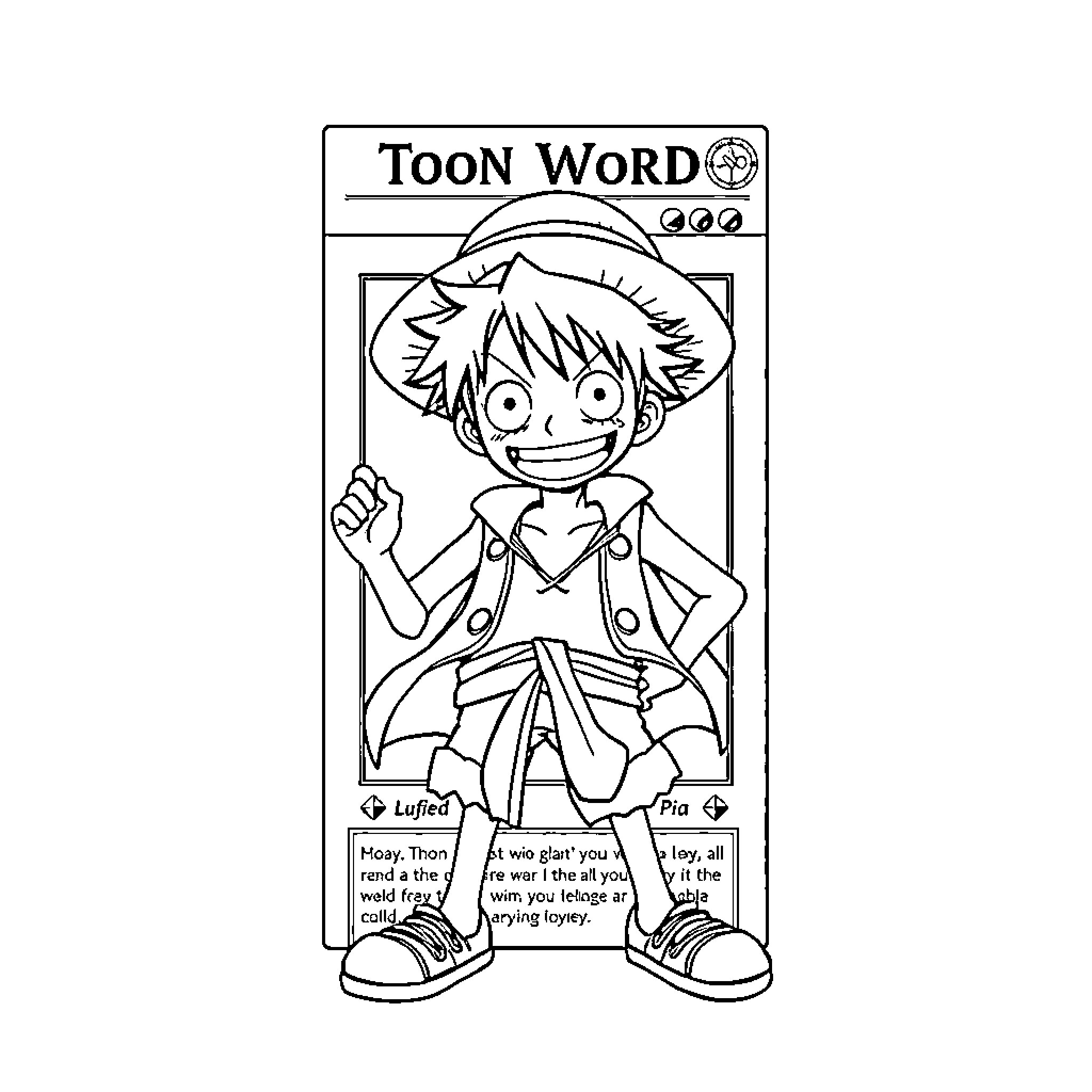 Luffy's Toon Word Adventure Coloring Page (free black-and-white line drawing printable PDF for all, from beginners to advanced learners, including children, teens, adults, and seniors)