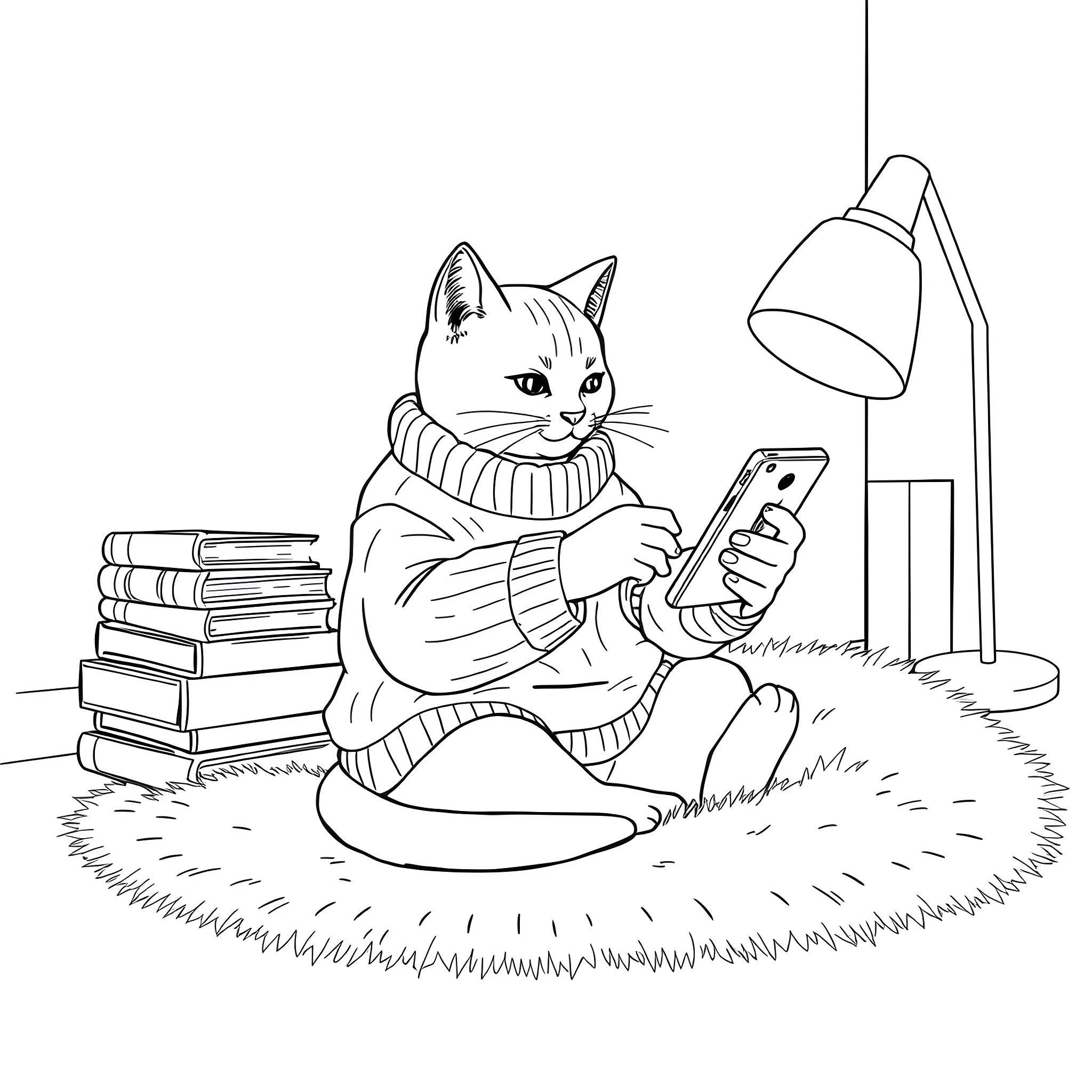 Cat reading a book on a cozy rug Coloring Page (free black-and-white line drawing printable PDF for all, from beginners to advanced learners, including children, teens, adults, and seniors)