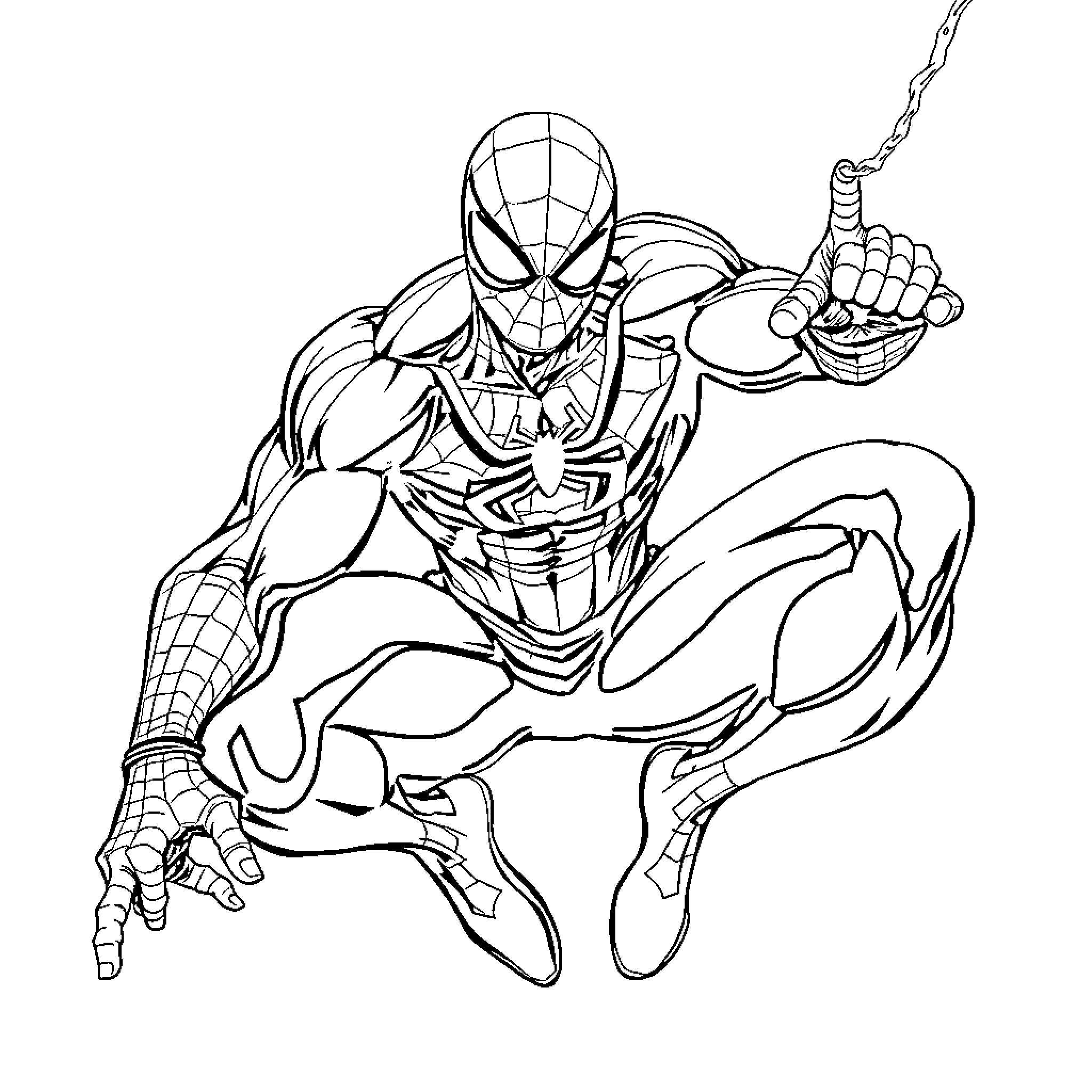Spiderman swinging into action with web-slinging skills Coloring Page (free black-and-white line drawing printable PDF for all, from beginners to advanced learners, including children, teens, adults, and seniors)