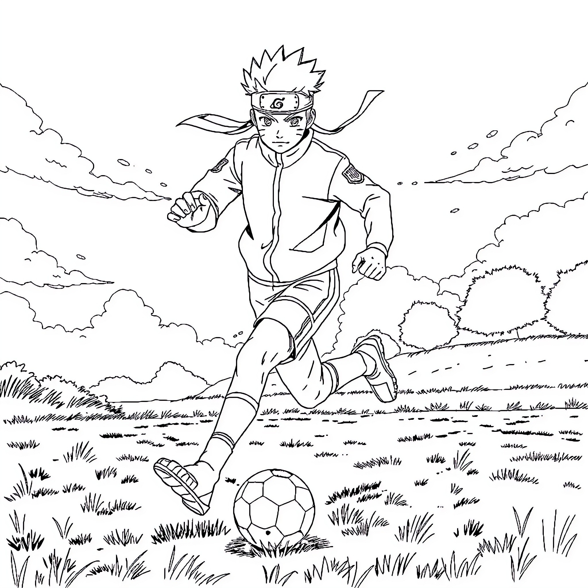 Naruto running with soccer ball in the field Coloring Page (free black-and-white line drawing printable PDF for all, from beginners to advanced learners, including children, teens, adults, and seniors)