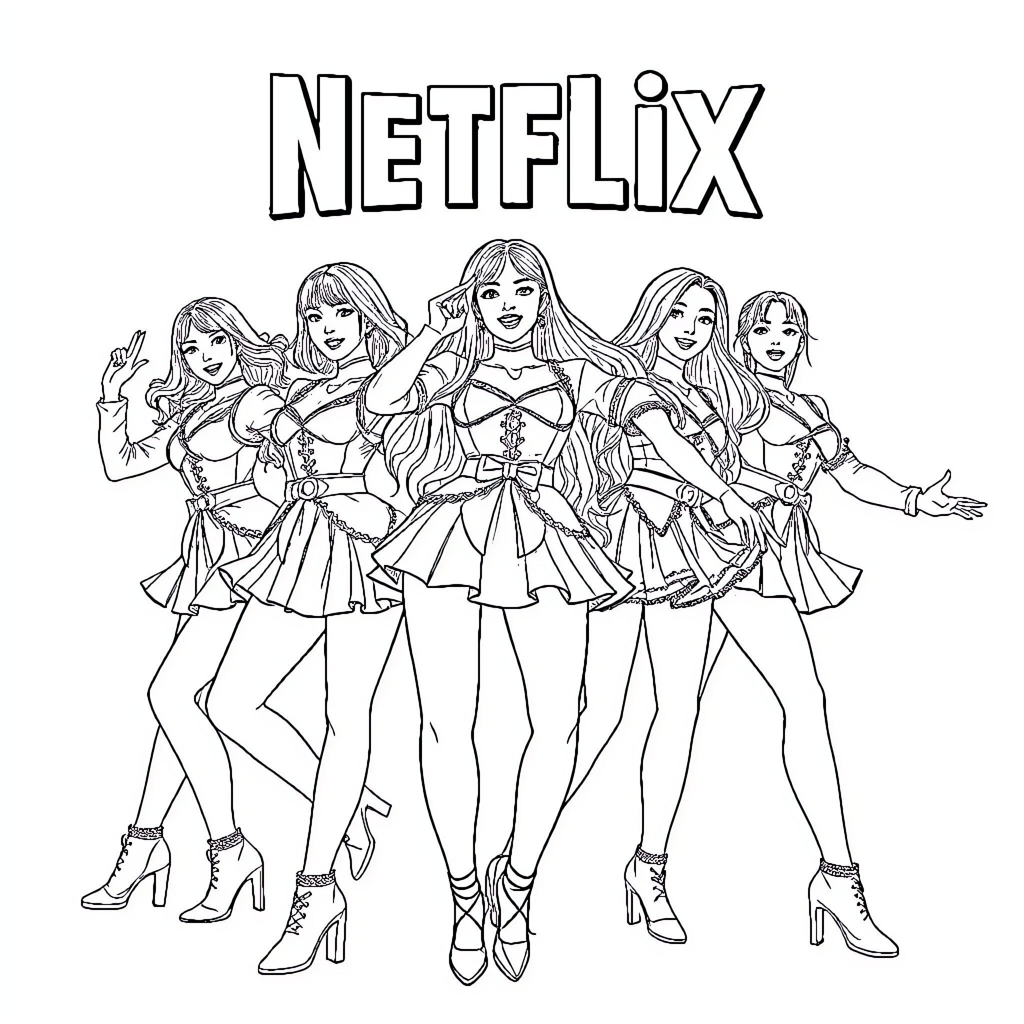Kpop Warriors Performing with Confidence and Style Coloring Page (free black-and-white line drawing printable PDF for all, from beginners to advanced learners, including children, teens, adults, and seniors)