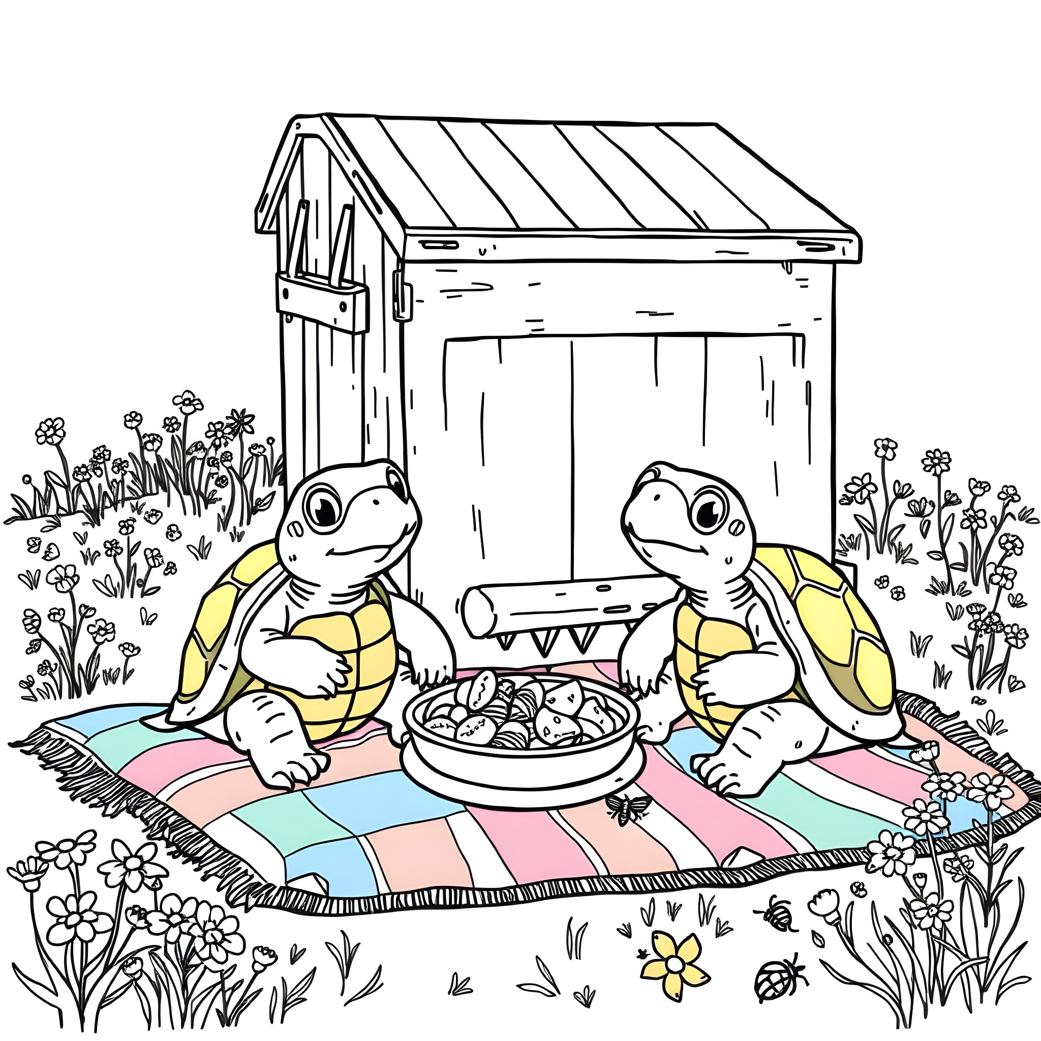 Turtle friends enjoying a picnic by the cottage Coloring Page (free black-and-white line drawing printable PDF for all, from beginners to advanced learners, including children, teens, adults, and seniors)