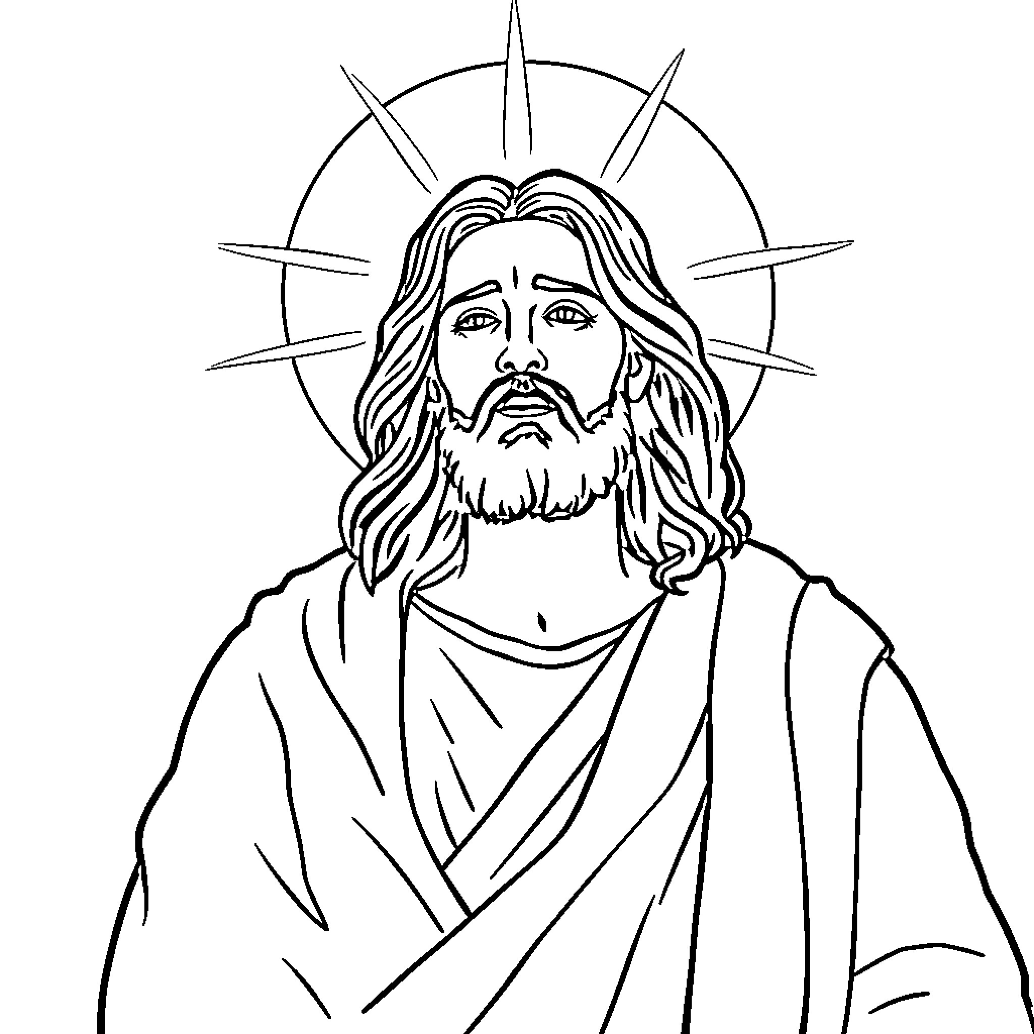 Jesus depicted in illustrative religious style Coloring Page (free black-and-white line drawing printable PDF for all, from beginners to advanced learners, including children, teens, adults, and seniors)