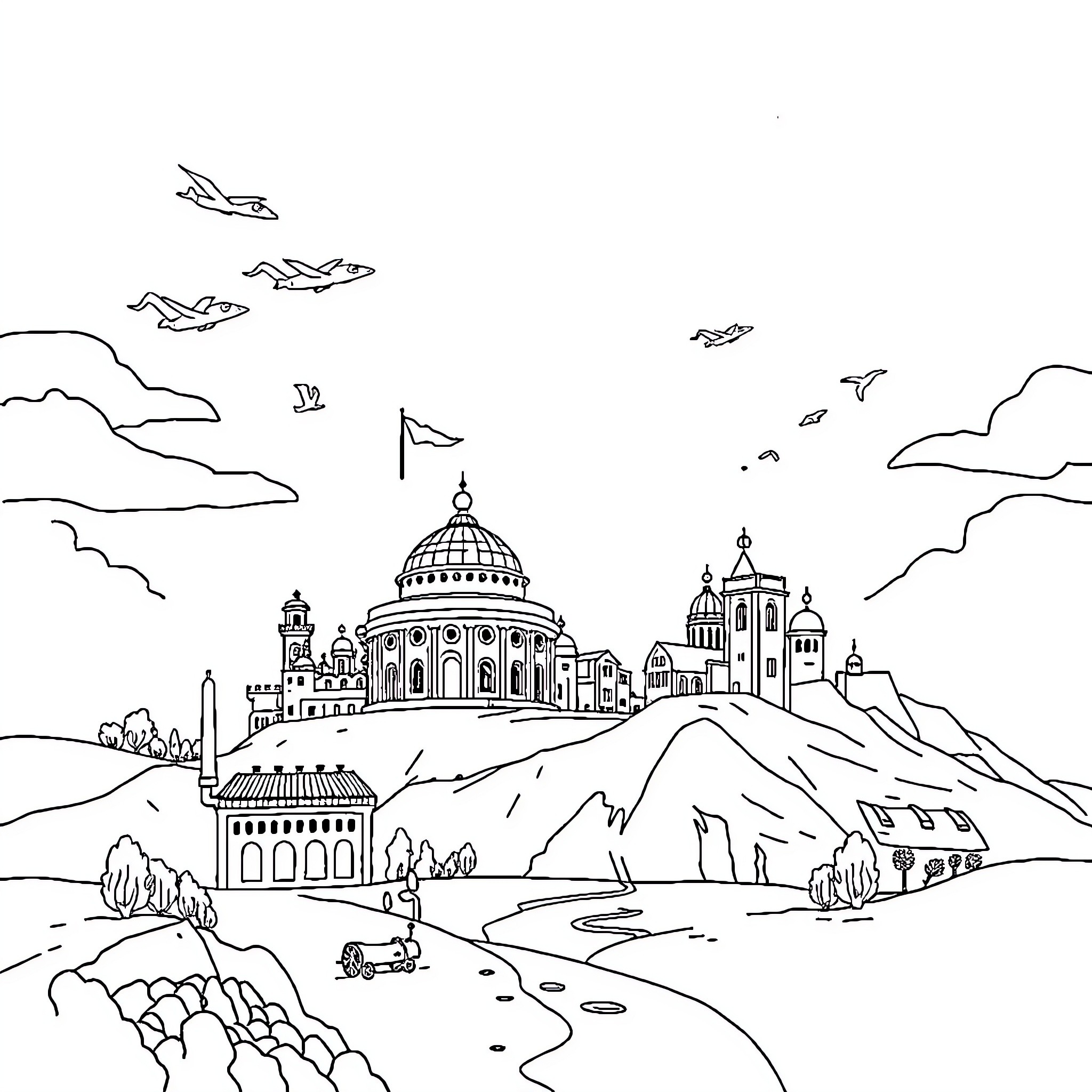 Garde Fantastical Cityscape with Domed Buildings Coloring Page (free black-and-white line drawing printable PDF for all, from beginners to advanced learners, including children, teens, adults, and seniors)