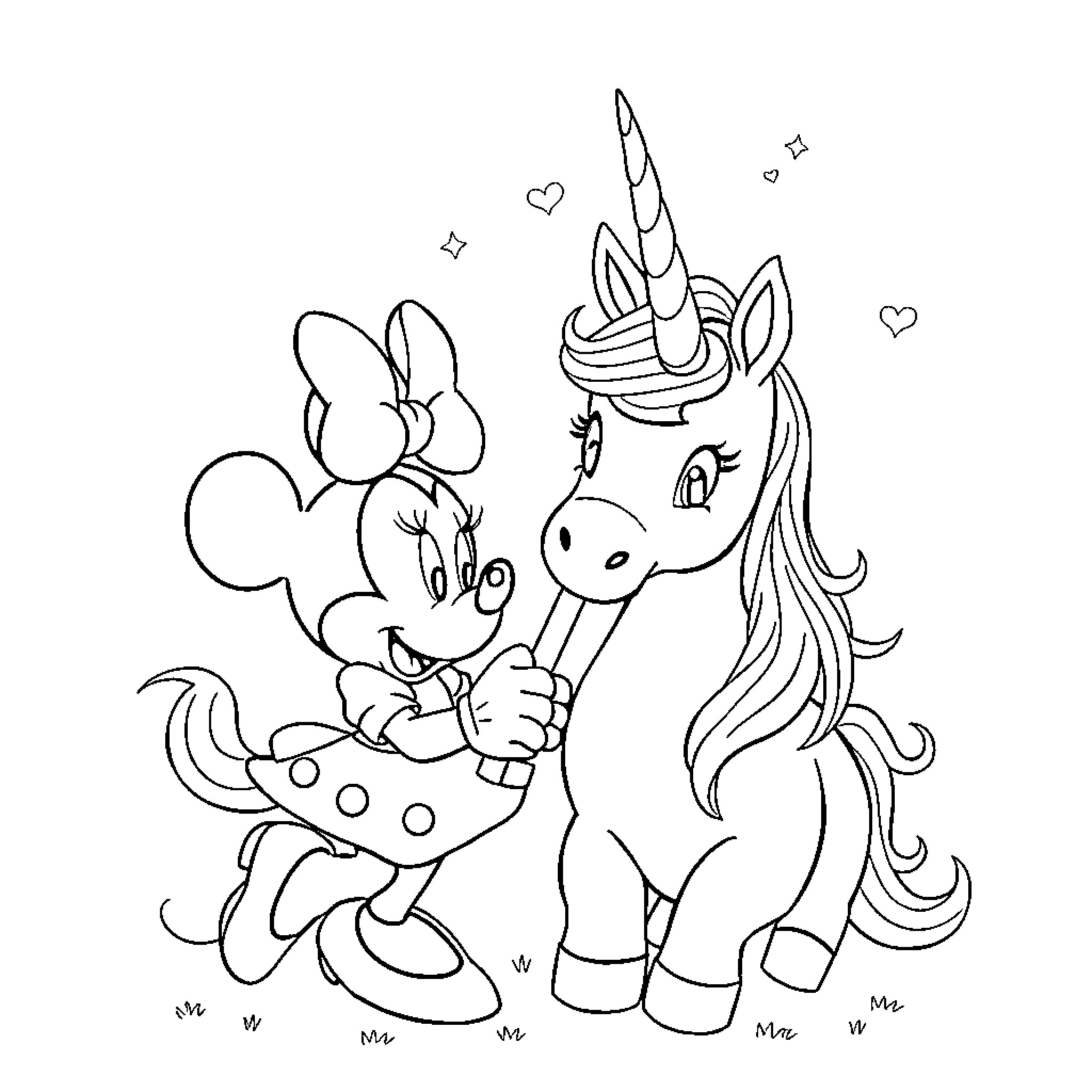 Minnie Mouse hugging a unicorn with hearts Coloring Page (free black-and-white line drawing printable PDF for all, from beginners to advanced learners, including children, teens, adults, and seniors)