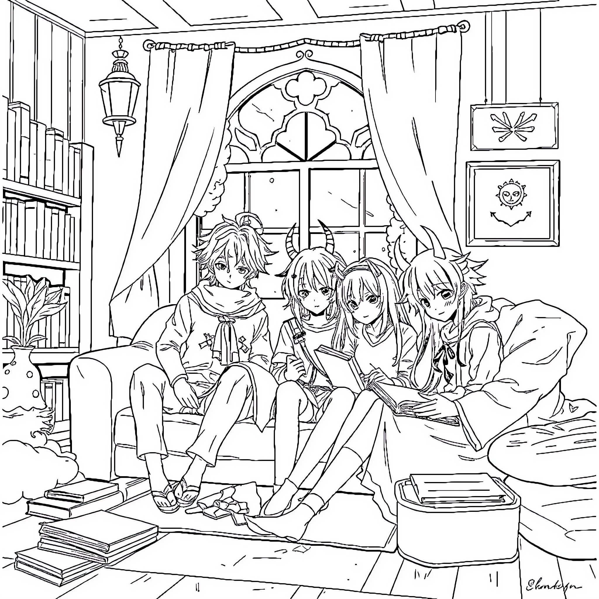Demon Slayer Characters Relaxing in Cozy Interior Coloring Page (free black-and-white line drawing printable PDF for all, from beginners to advanced learners, including children, teens, adults, and seniors)