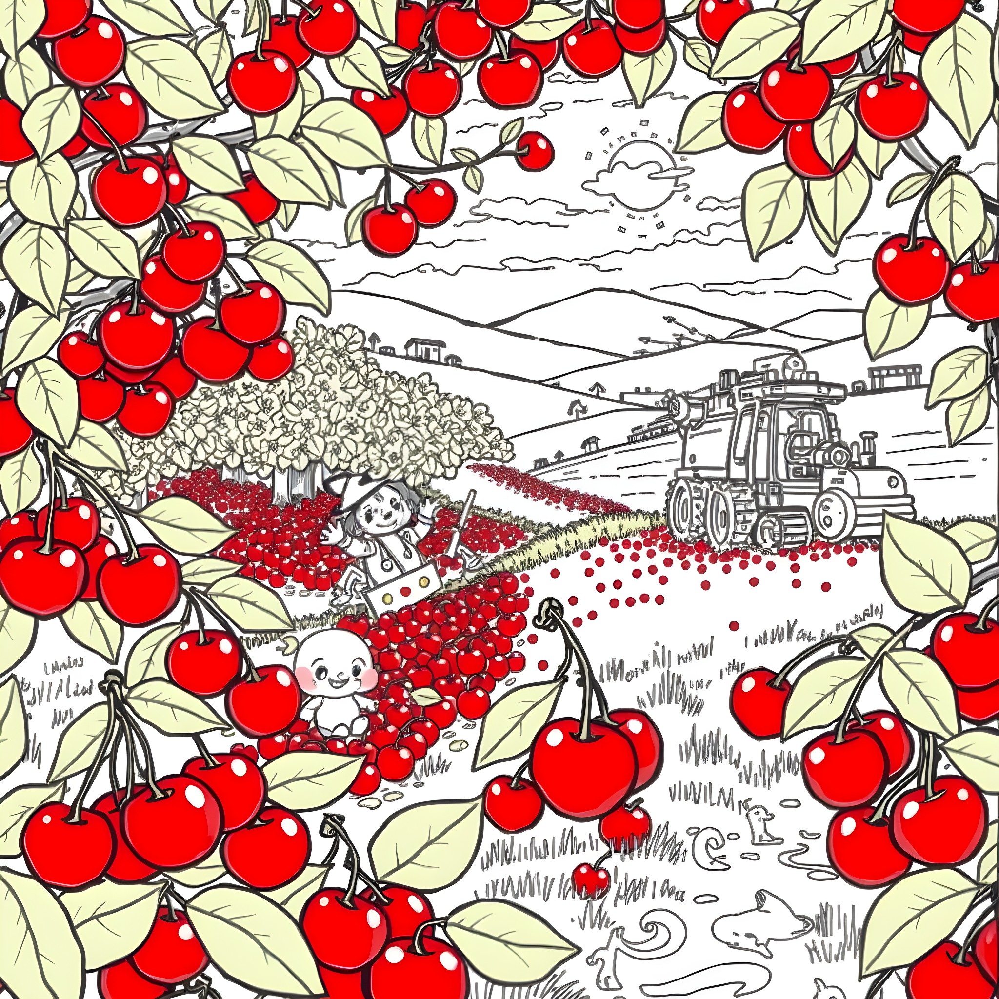 Cherry Blossoms Framing a Vibrant Countryside Landscape Coloring Page (free black-and-white line drawing printable PDF for all, from beginners to advanced learners, including children, teens, adults, and seniors)