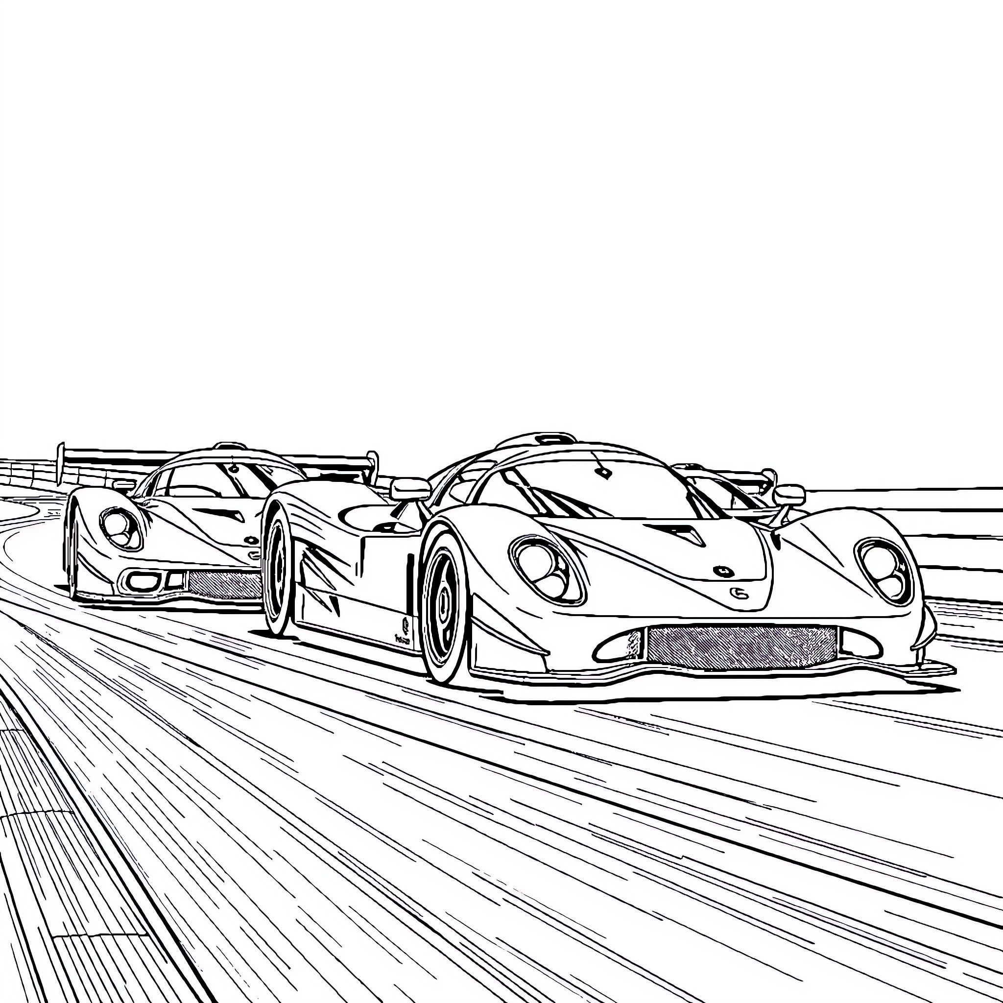 Car Racing on Track with High Speed Action Coloring Page (free black-and-white line drawing printable PDF for all, from beginners to advanced learners, including children, teens, adults, and seniors)
