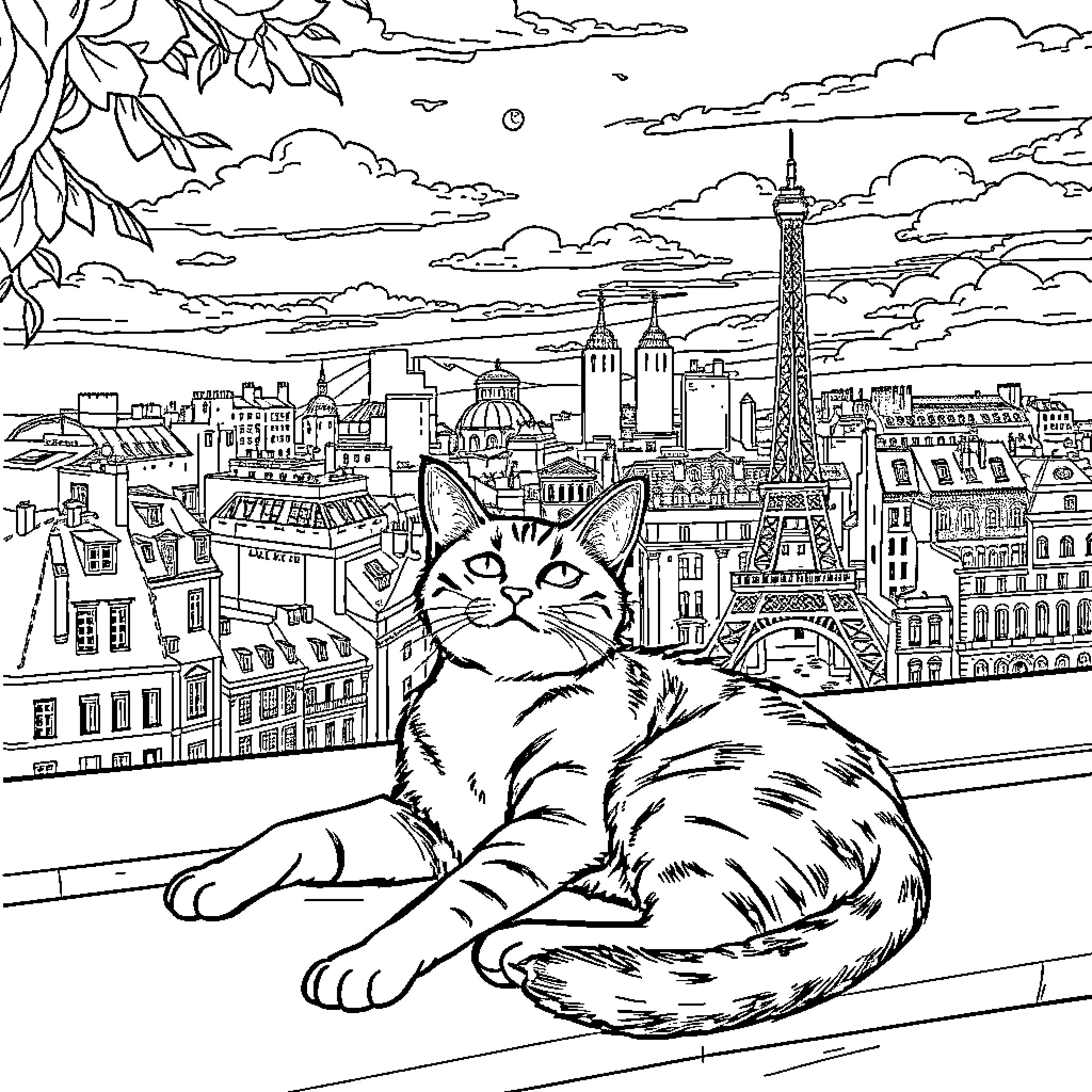 Cat relaxing atop a cityscape with landmarks Coloring Page (free black-and-white line drawing printable PDF for all, from beginners to advanced learners, including children, teens, adults, and seniors)