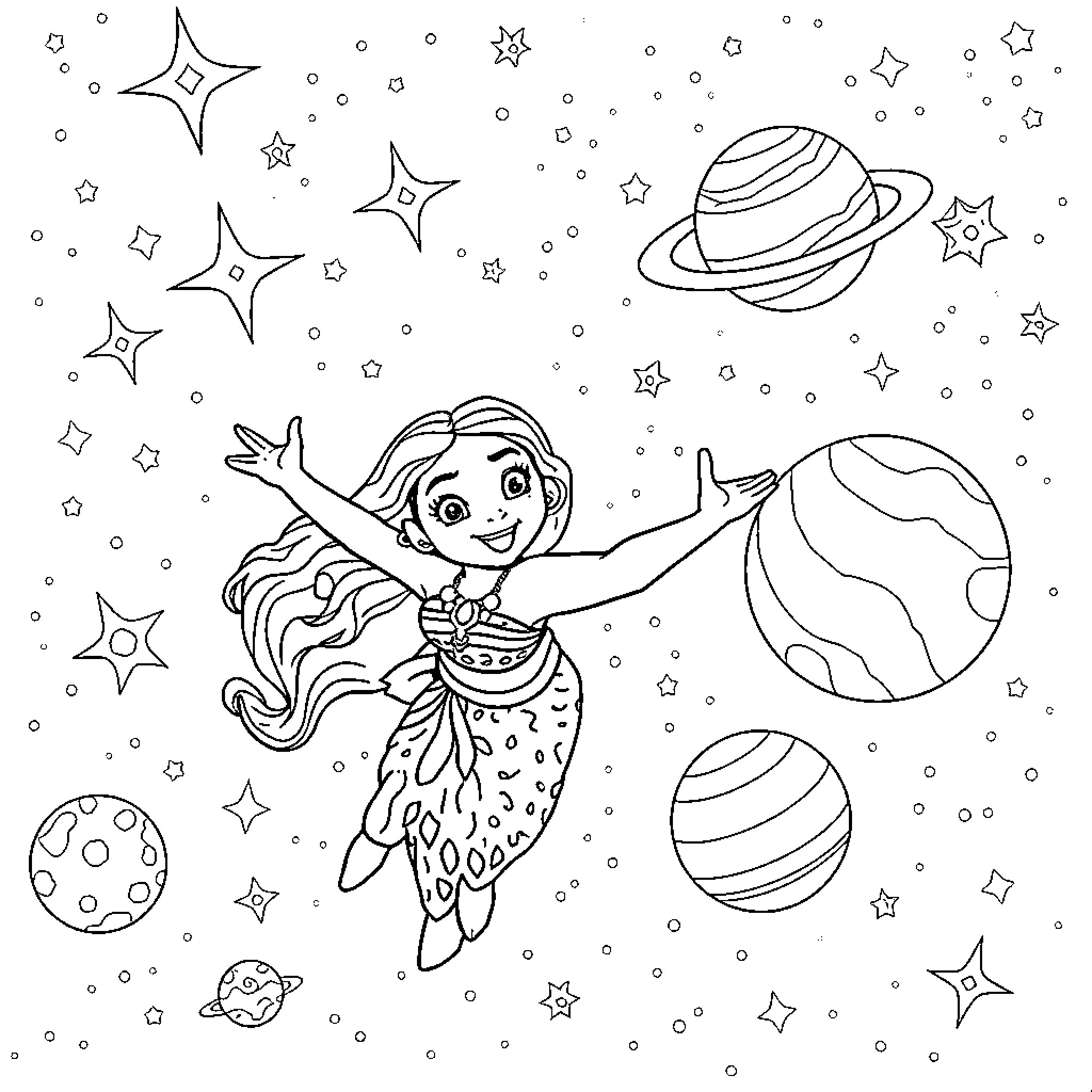 Moana's Cosmic Adventure in the Starry Sky Coloring Page (free black-and-white line drawing printable PDF for all, from beginners to advanced learners, including children, teens, adults, and seniors)