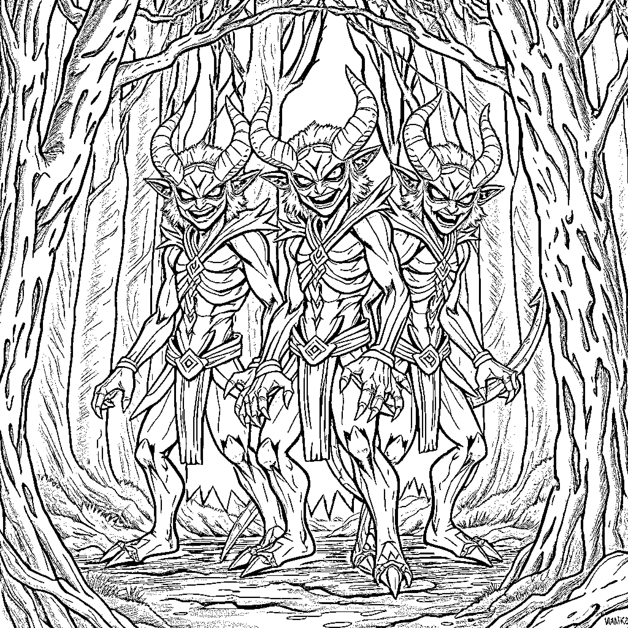 Demon Trio Lurking in the Eerie Forest Coloring Page (free black-and-white line drawing printable PDF for all, from beginners to advanced learners, including children, teens, adults, and seniors)