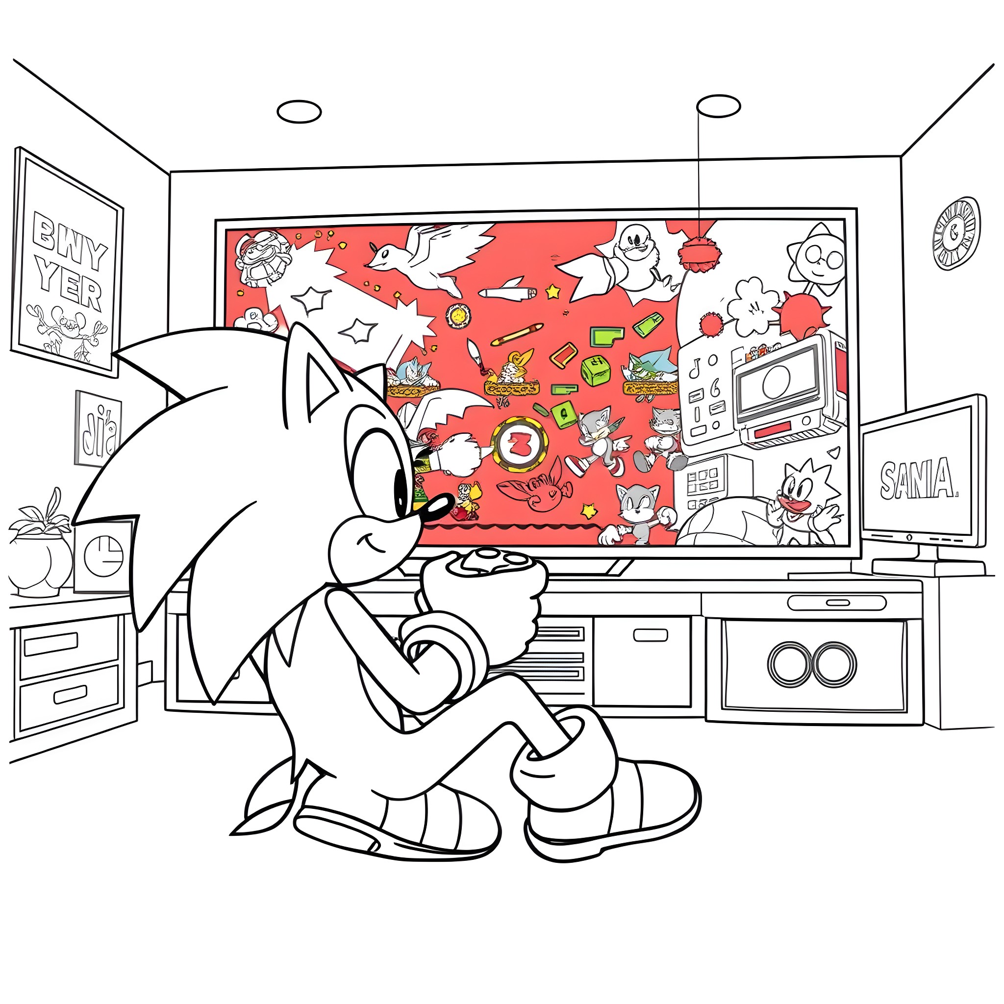 Sonic enjoying a vibrant video game display Coloring Page (free black-and-white line drawing printable PDF for all, from beginners to advanced learners, including children, teens, adults, and seniors)