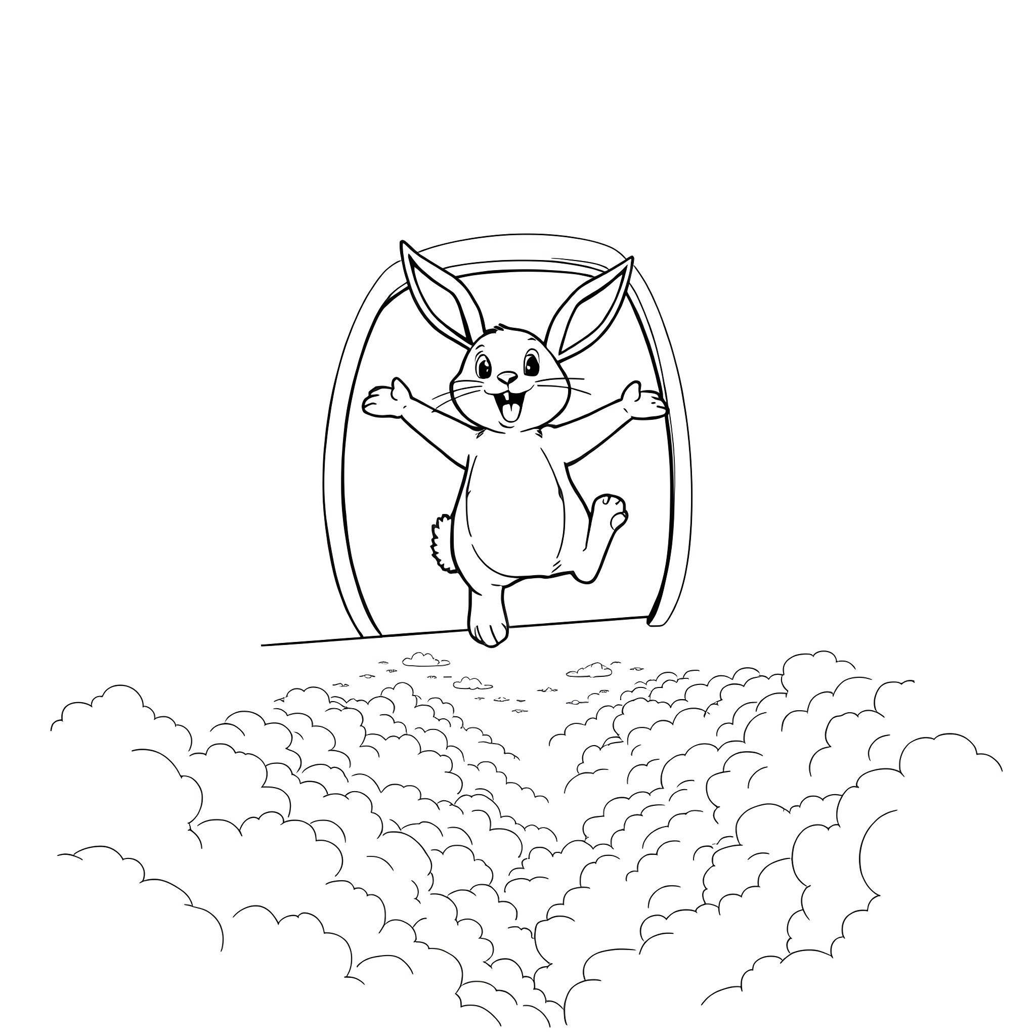 Bunny jumping happily in the clouds Coloring Page (free black-and-white line drawing printable PDF for all, from beginners to advanced learners, including children, teens, adults, and seniors)