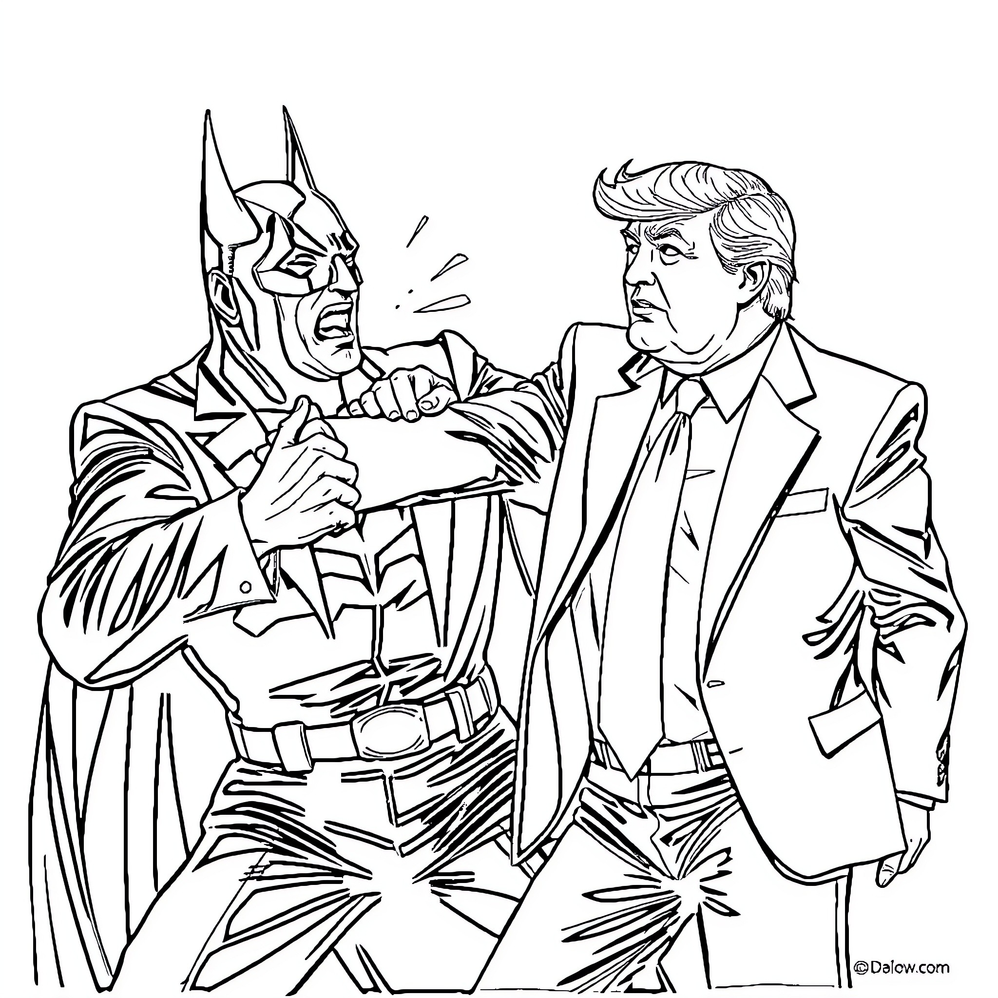 Batman confronts a business executive in a suit Coloring Page (free black-and-white line drawing printable PDF for all, from beginners to advanced learners, including children, teens, adults, and seniors)