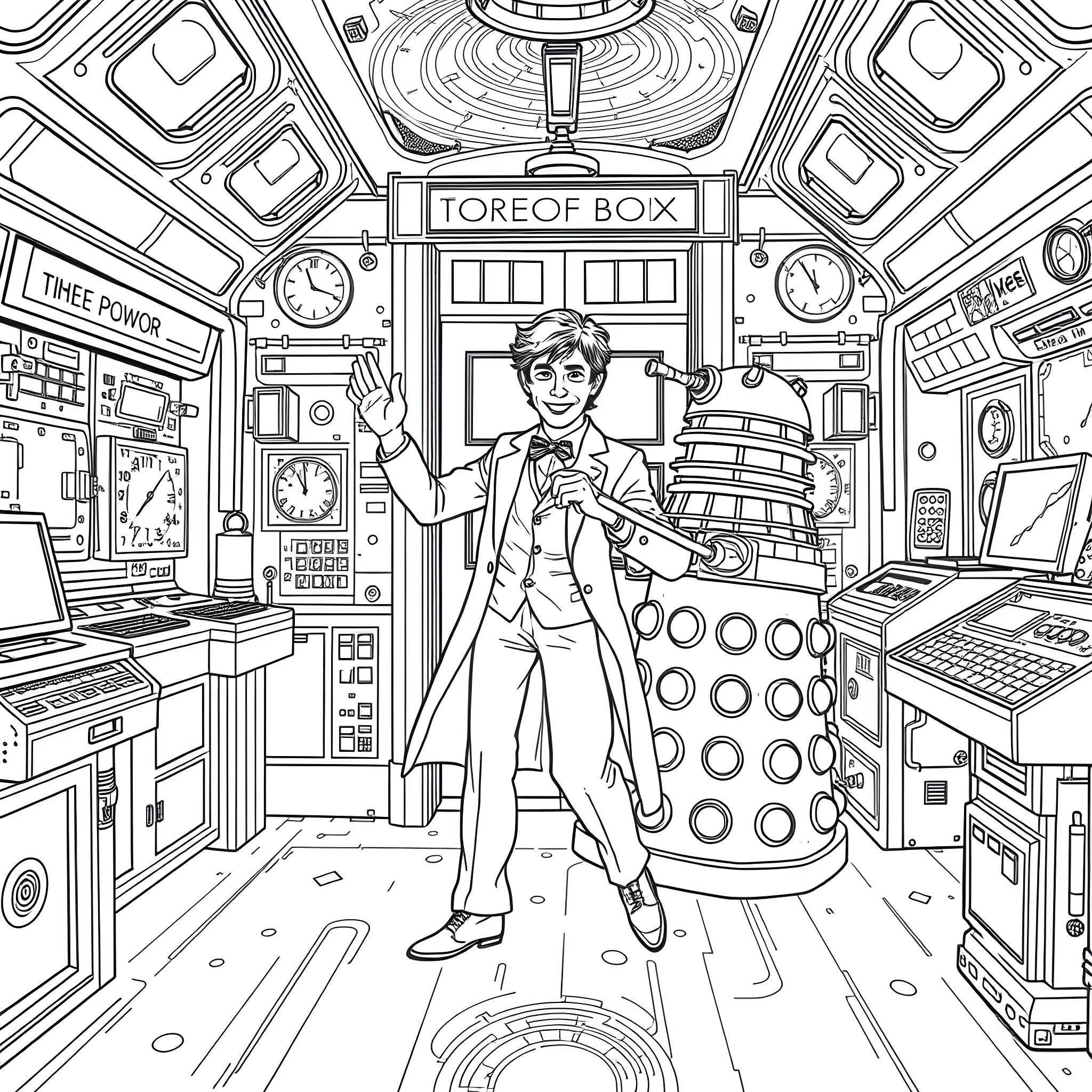Doctor visiting a futuristic space laboratory Coloring Page (free black-and-white line drawing printable PDF for all, from beginners to advanced learners, including children, teens, adults, and seniors)