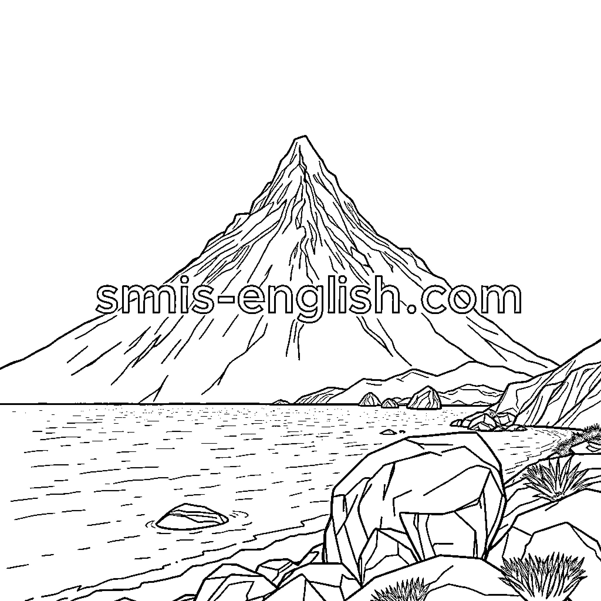 Logo depicting a mountain landscape with rocks and vegetation Coloring Page (free black-and-white line drawing printable PDF for all, from beginners to advanced learners, including children, teens, adults, and seniors)
