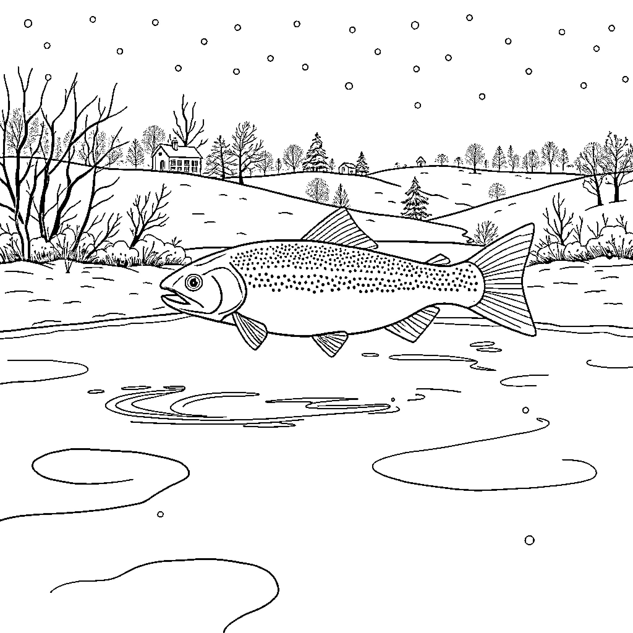 Salmon swimming in a peaceful landscape Coloring Page (free black-and-white line drawing printable PDF for all, from beginners to advanced learners, including children, teens, adults, and seniors)