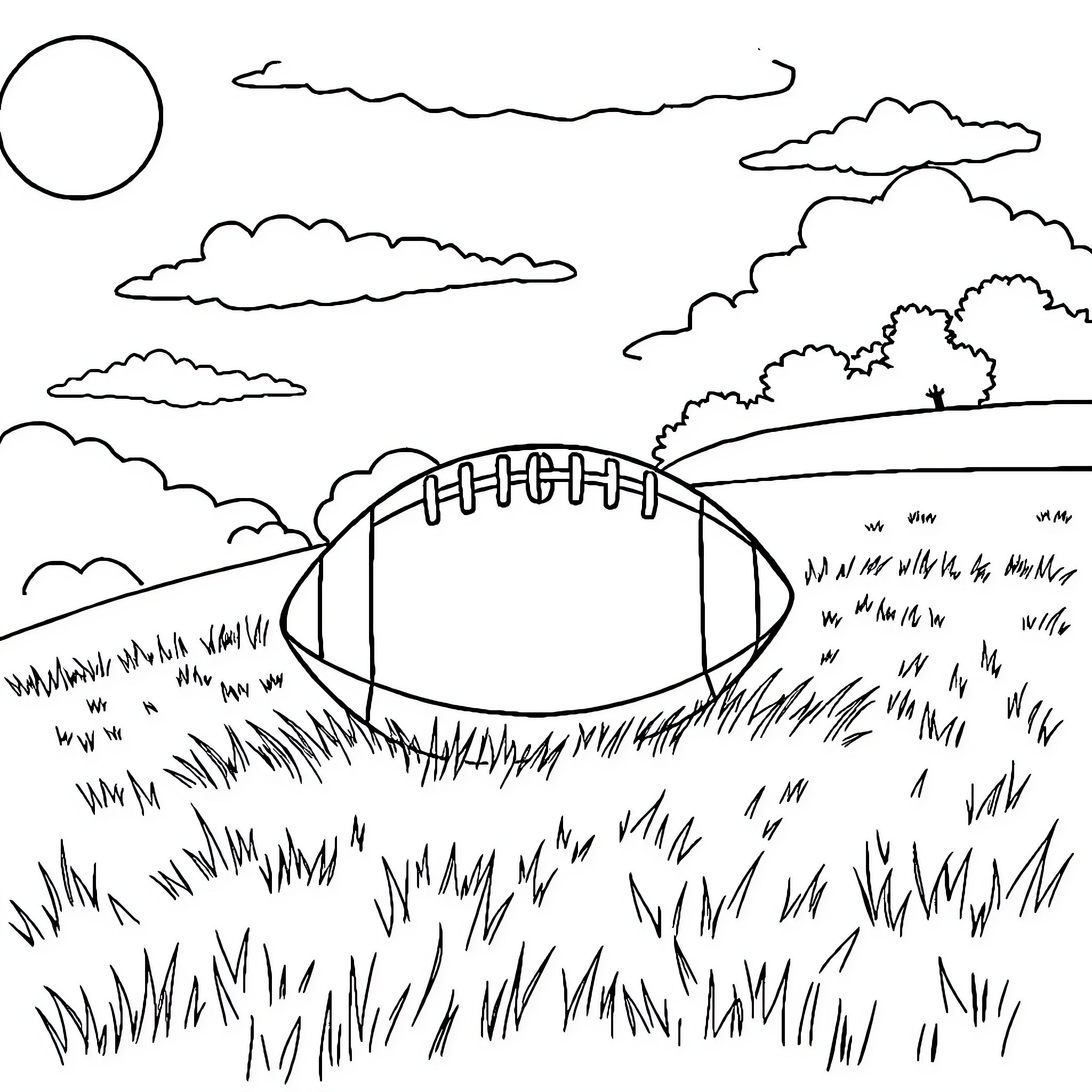 Football game on grassy field under cloudy sky Coloring Page (free black-and-white line drawing printable PDF for all, from beginners to advanced learners, including children, teens, adults, and seniors)