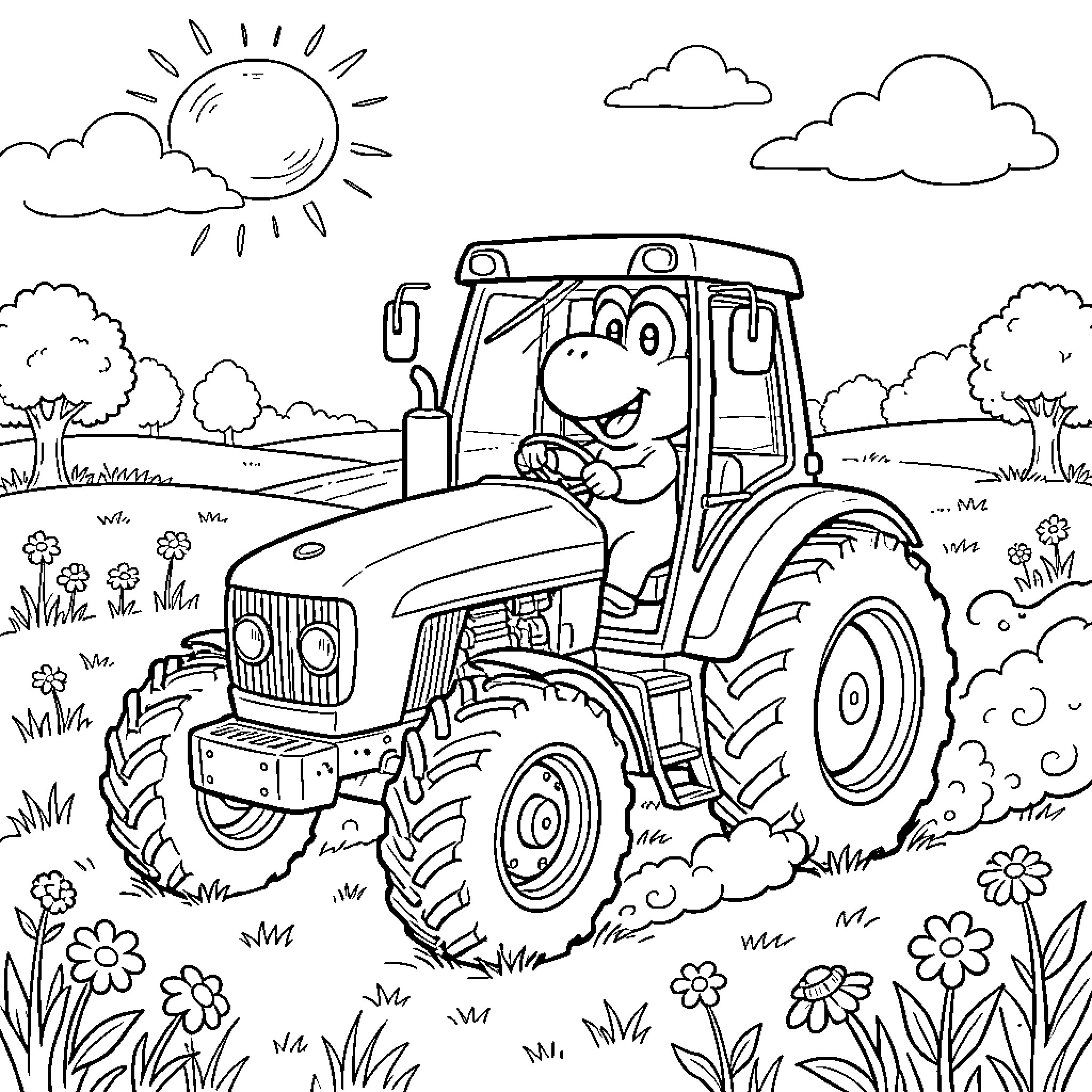Yoshi's Tractor Adventure in the Countryside Coloring Page (free black-and-white line drawing printable PDF for all, from beginners to advanced learners, including children, teens, adults, and seniors)