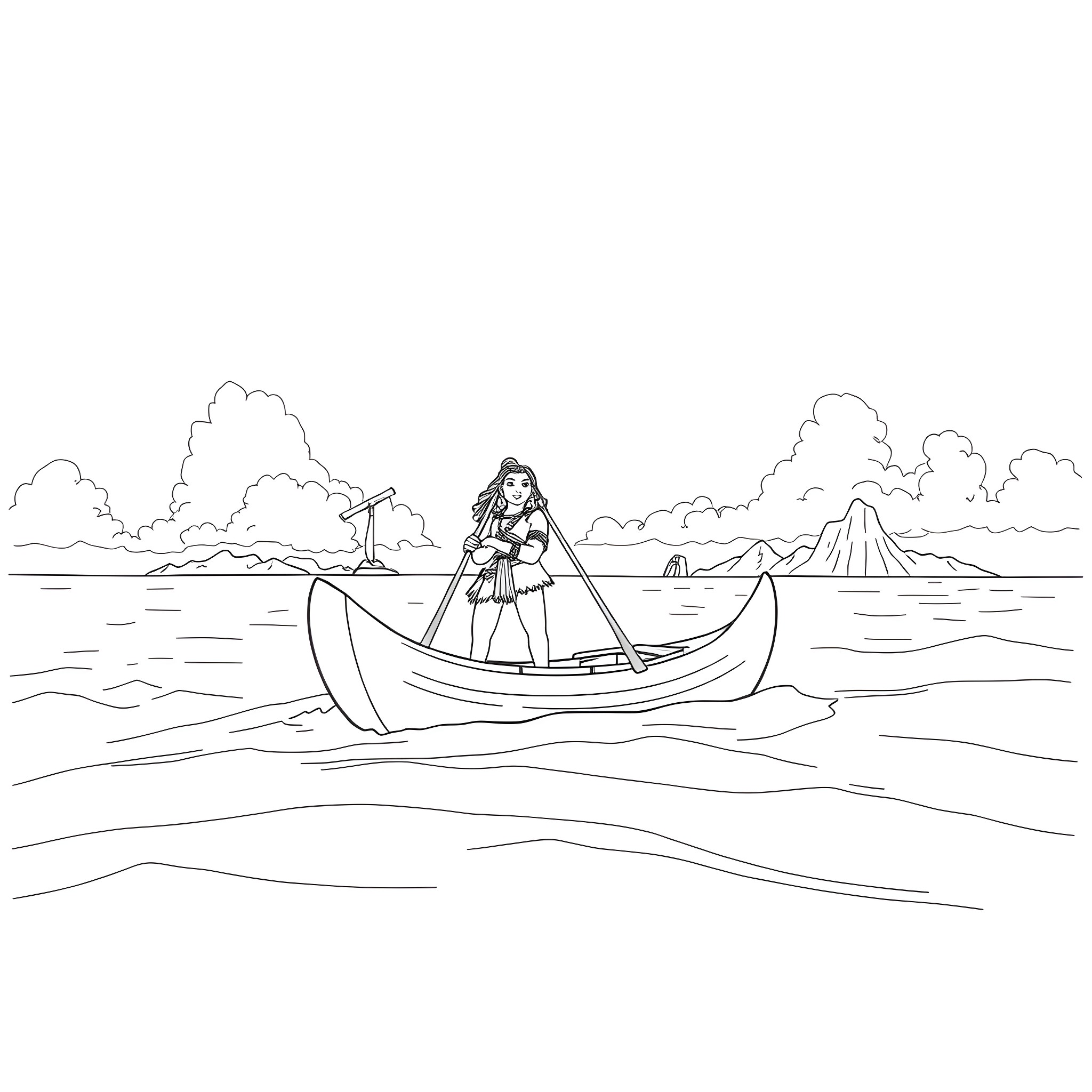 Moana navigating her canoe across the ocean Coloring Page (free black-and-white line drawing printable PDF for all, from beginners to advanced learners, including children, teens, adults, and seniors)