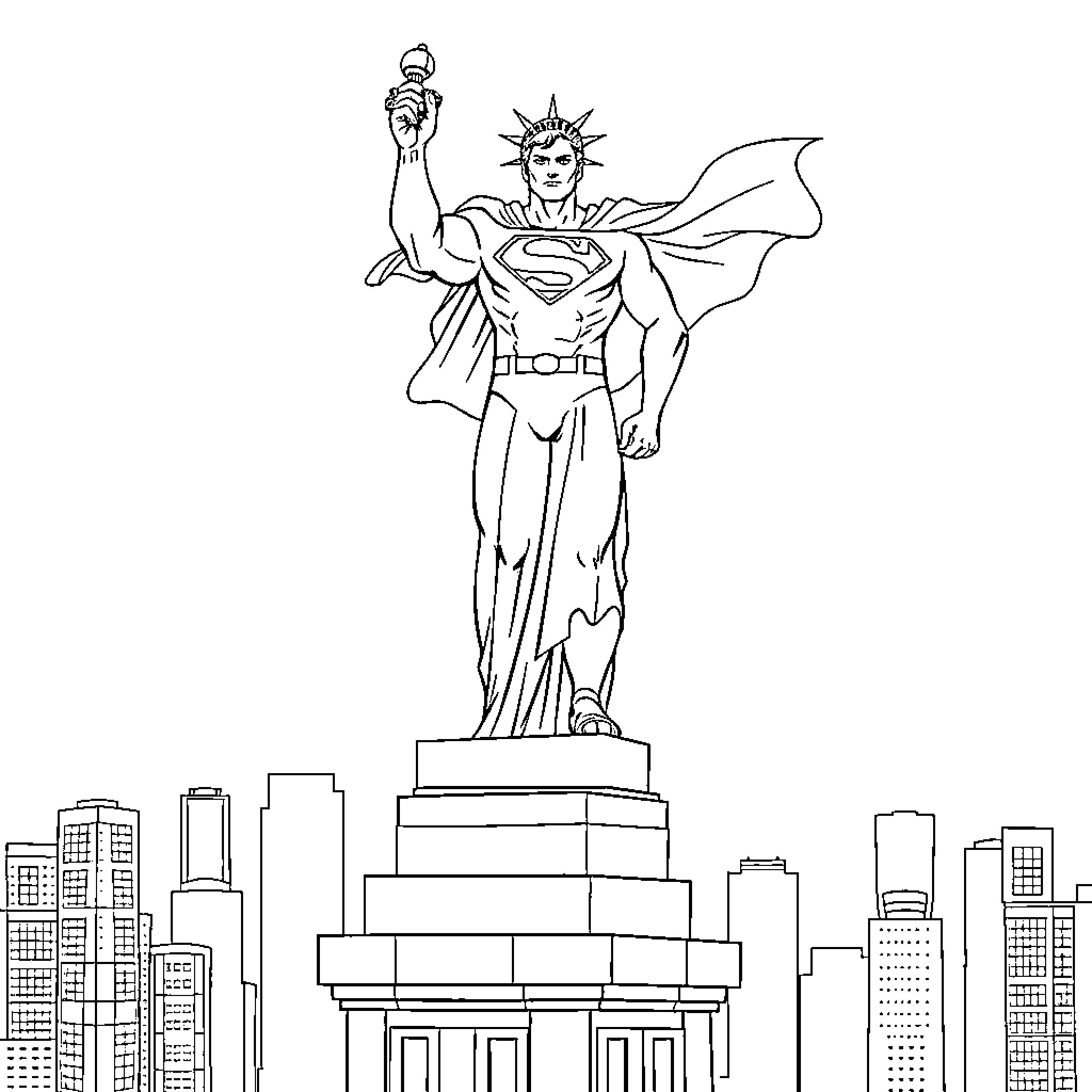 Superman heroically stands tall over the city Coloring Page (free black-and-white line drawing printable PDF for all, from beginners to advanced learners, including children, teens, adults, and seniors)
