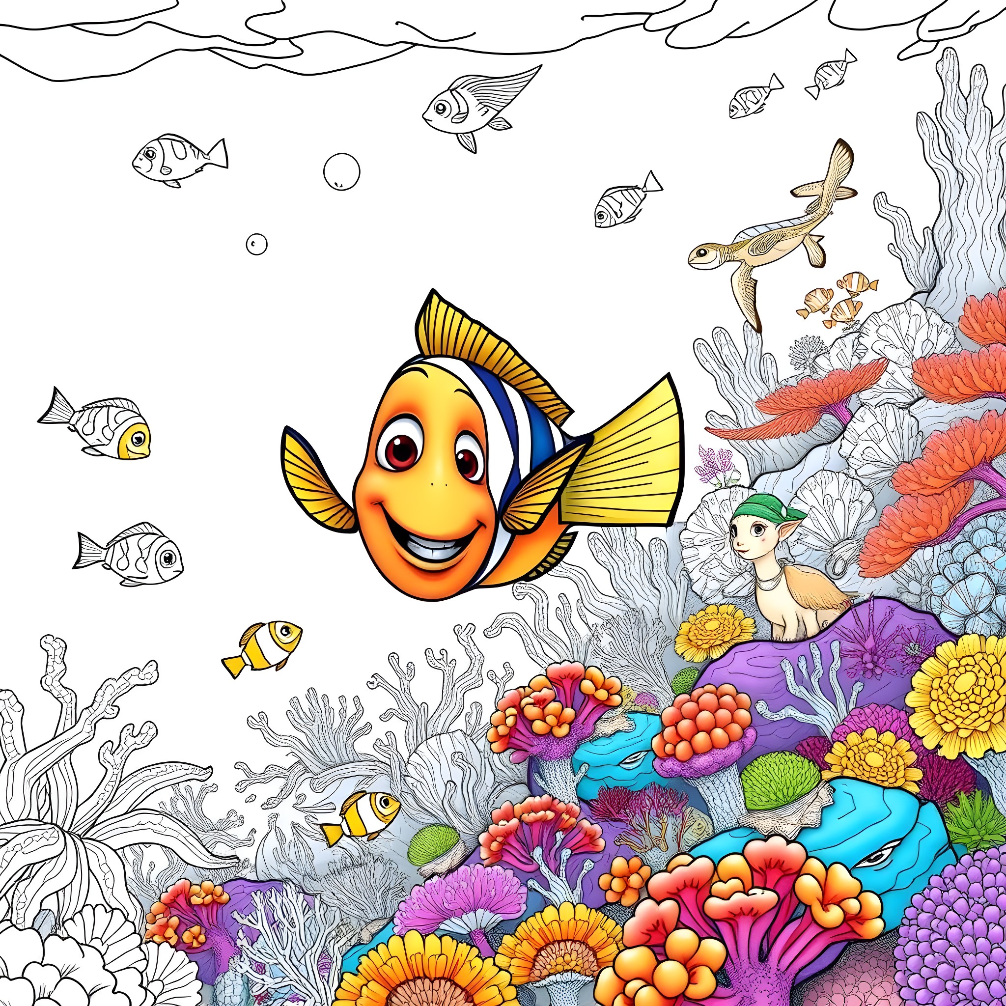 Nemo and his underwater friends in a colorful coral reef Coloring Page (free black-and-white line drawing printable PDF for all, from beginners to advanced learners, including children, teens, adults, and seniors)