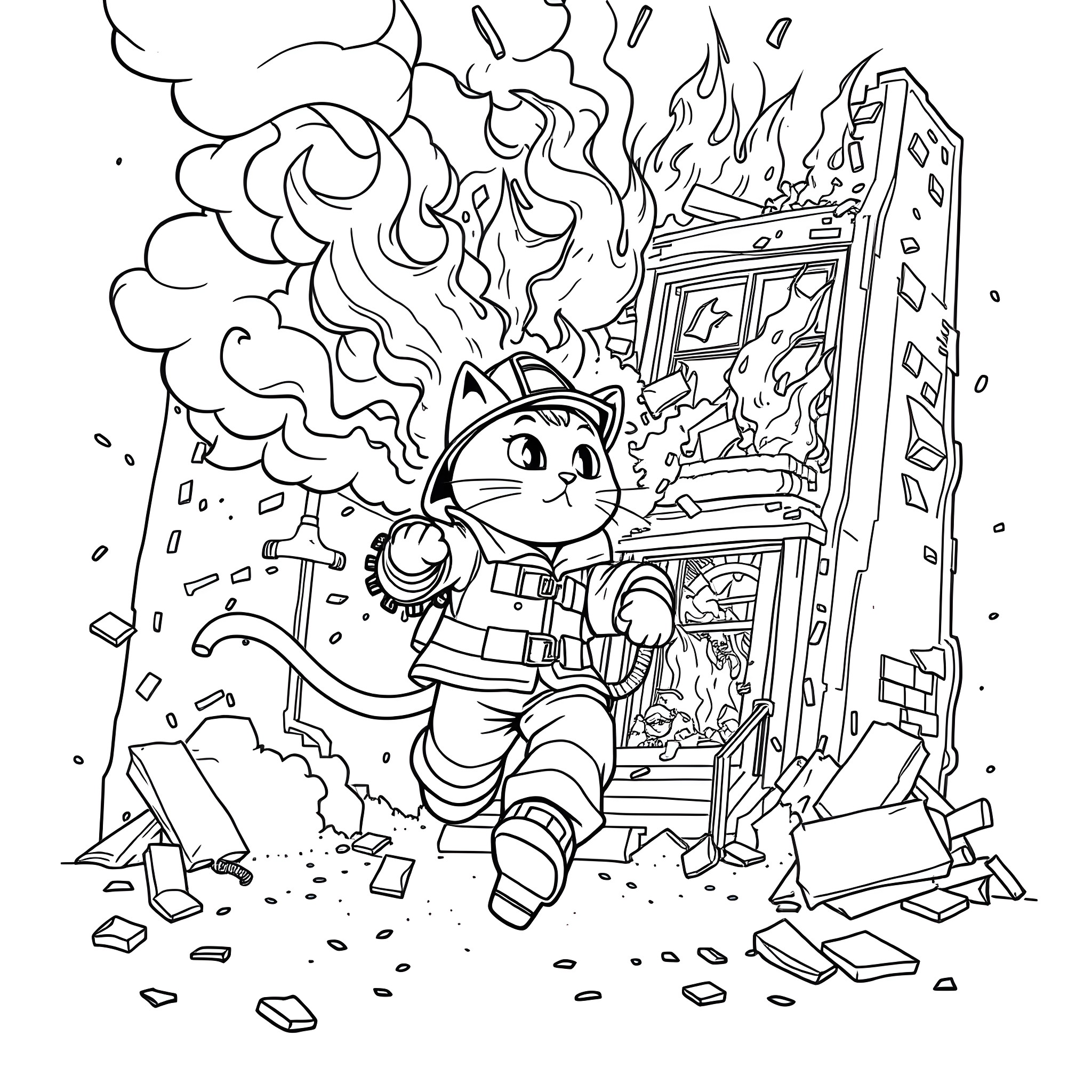 Cat firefighter battling a blaze Coloring Page (free black-and-white line drawing printable PDF for all, from beginners to advanced learners, including children, teens, adults, and seniors)