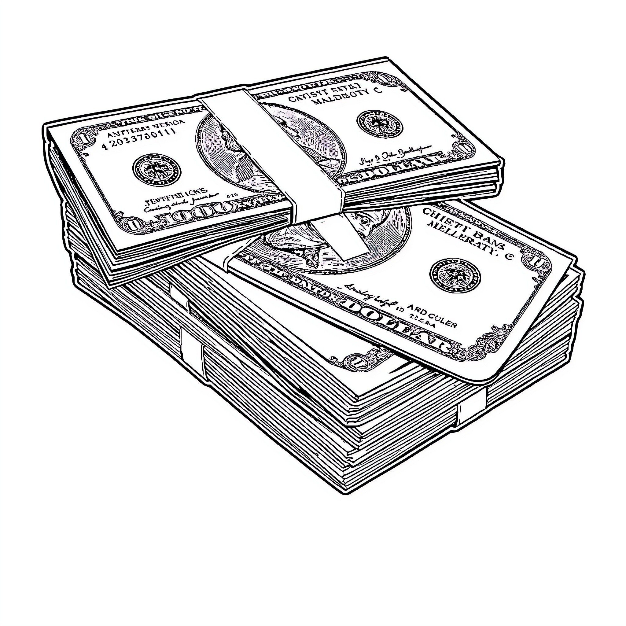 Money stacks and bundles on a surface Coloring Page (free black-and-white line drawing printable PDF for all, from beginners to advanced learners, including children, teens, adults, and seniors)