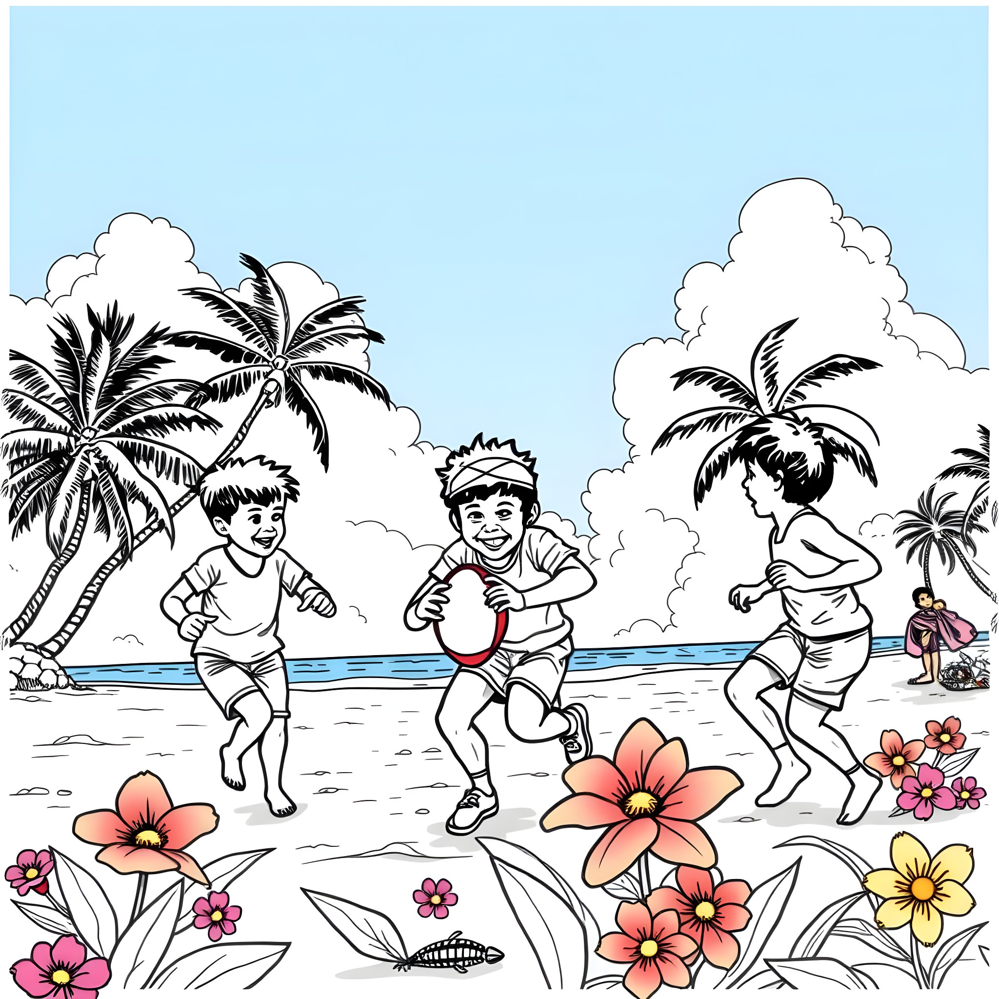 Children playing cheerfully in a tropical beach scene Coloring Page (free black-and-white line drawing printable PDF for all, from beginners to advanced learners, including children, teens, adults, and seniors)