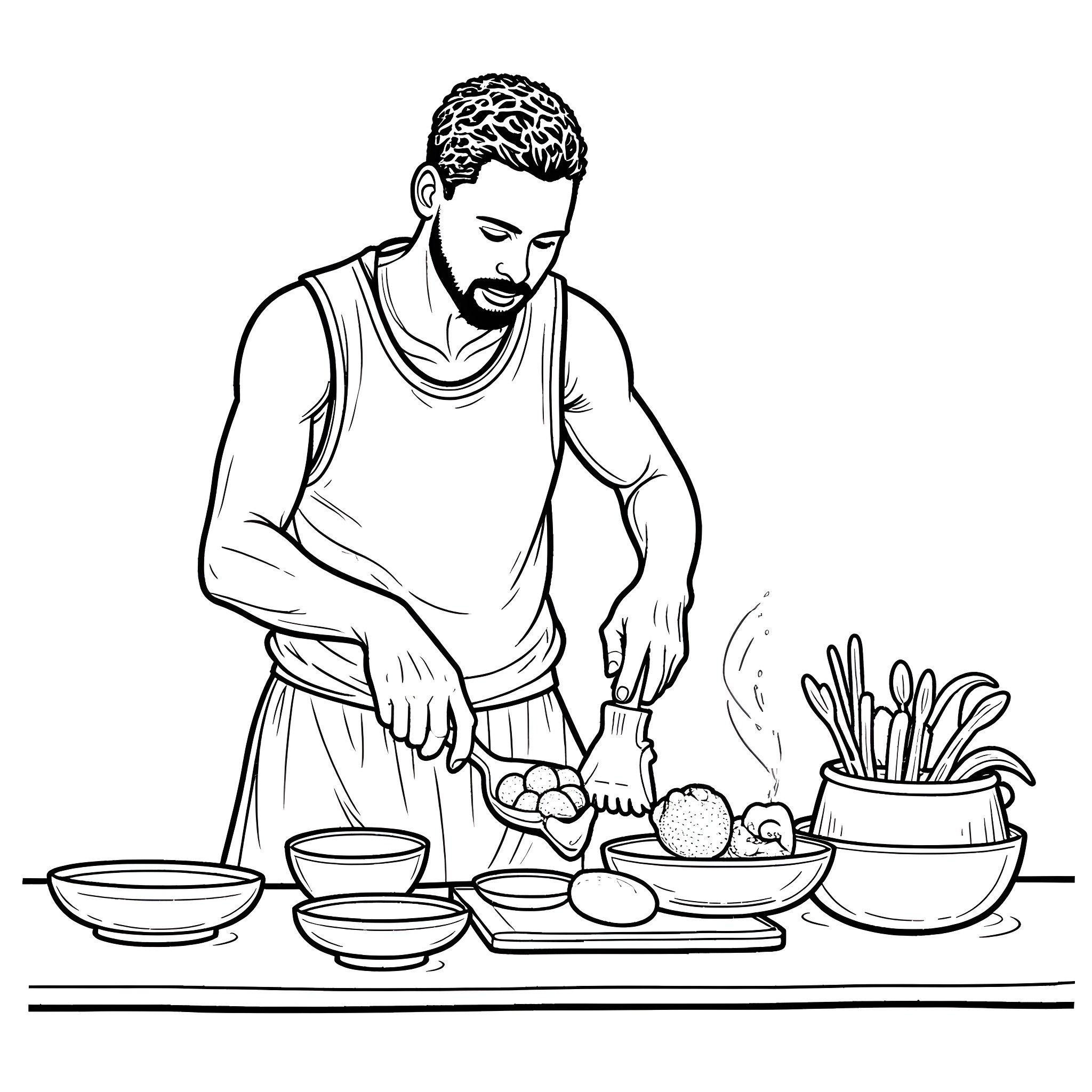 Basketball Player Preparing Meal in the Kitchen Coloring Page (free black-and-white line drawing printable PDF for all, from beginners to advanced learners, including children, teens, adults, and seniors)