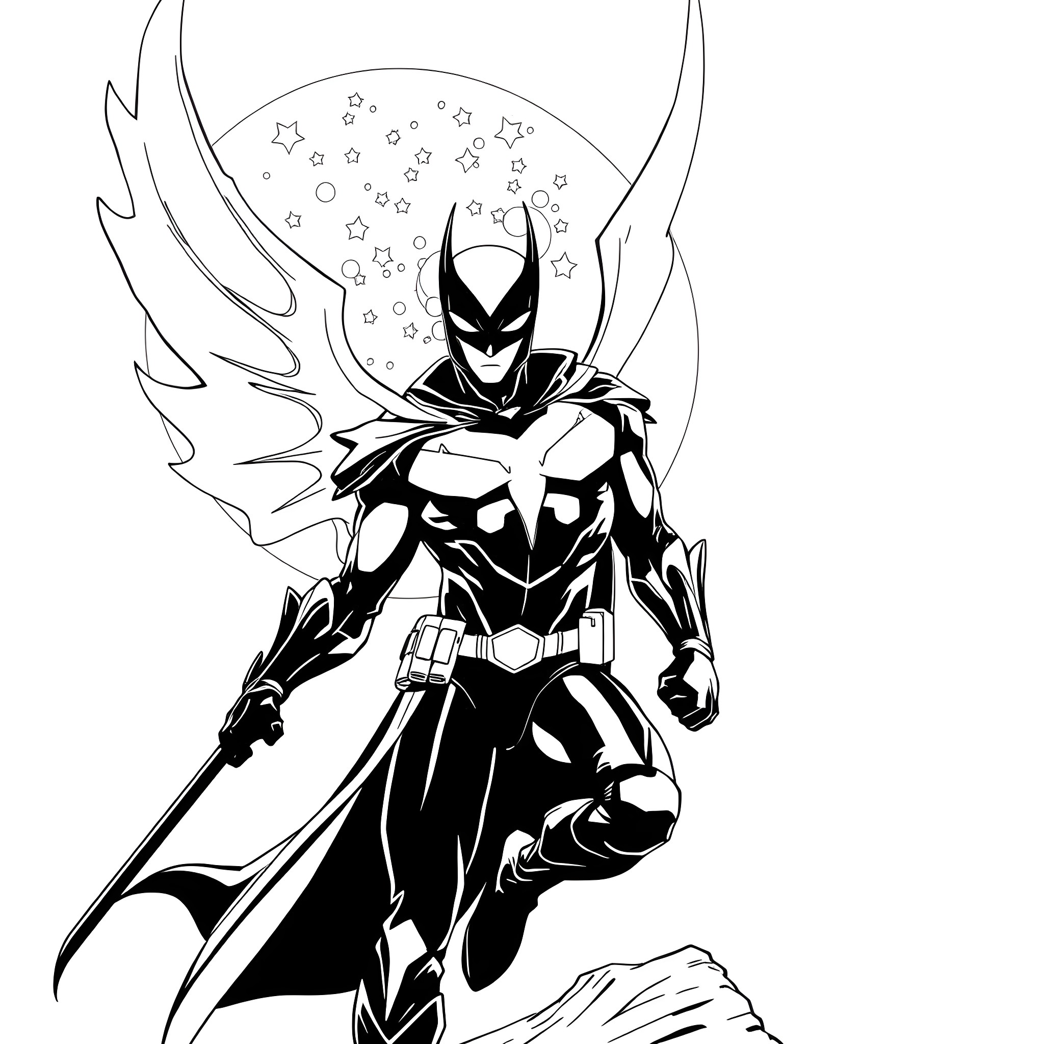 Moonwing hero in action under starry sky Coloring Page (free black-and-white line drawing printable PDF for all, from beginners to advanced learners, including children, teens, adults, and seniors)